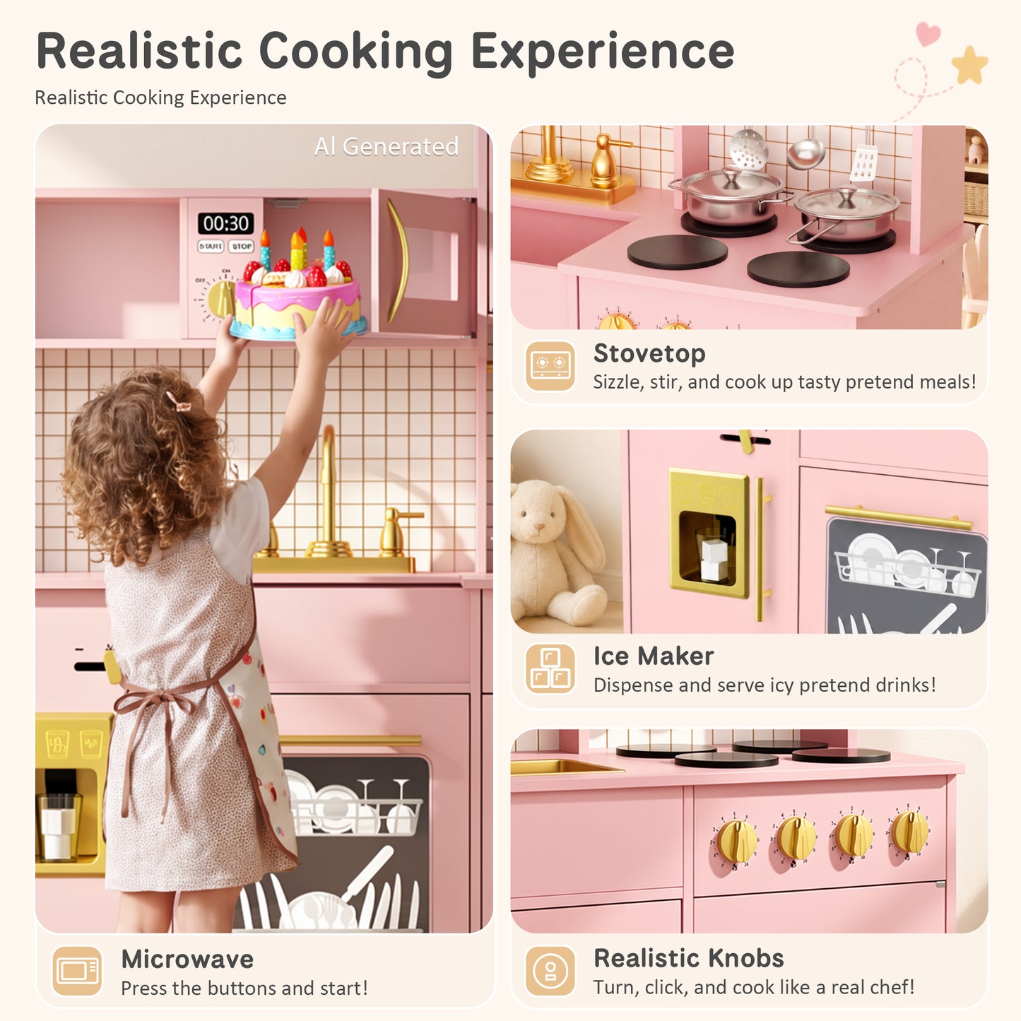 AILEEKISS Kids Kitchen Playset for Children, Realistic Pretend Kitchen Toy with Ice Maker, Pink