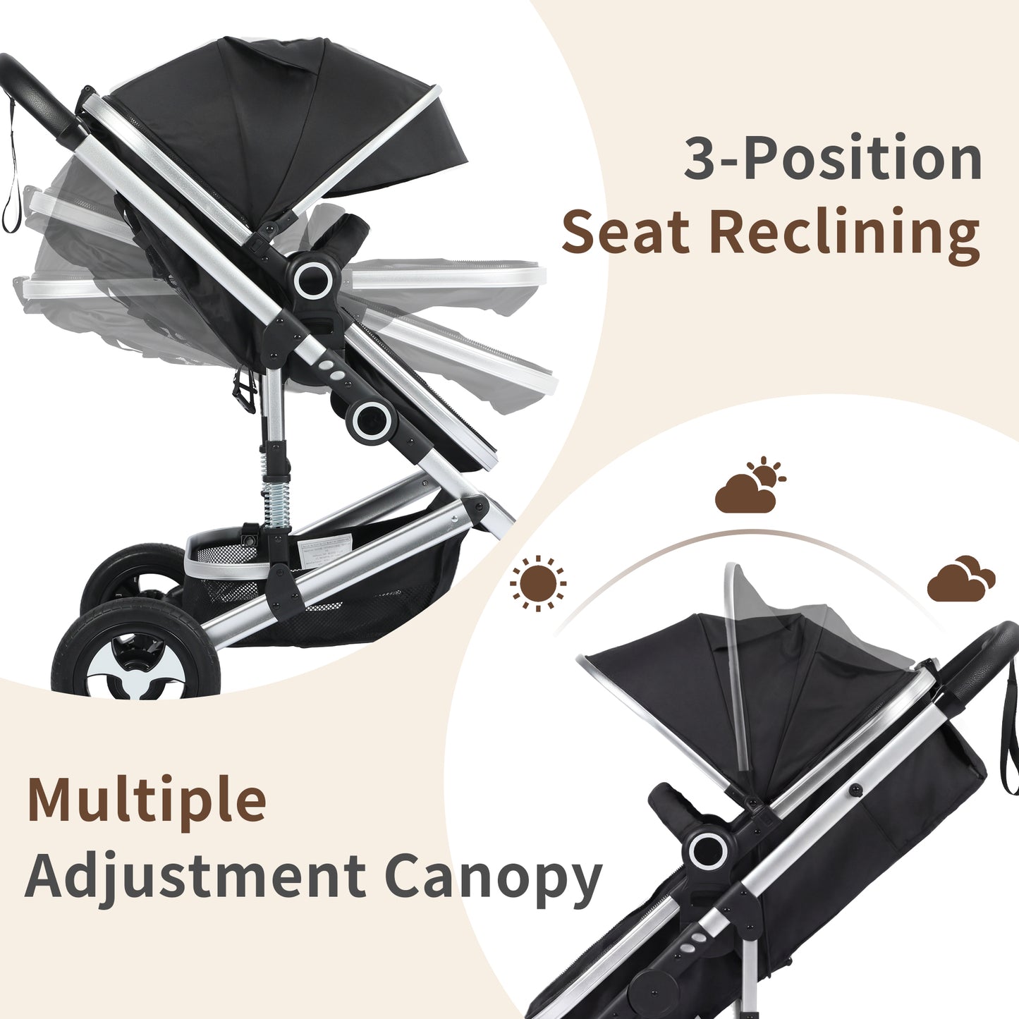 AILEEKISS 3 in 1 Convertible Baby Stroller, Unisex Folding Newborn Stroller with Big Seat, Black Silver