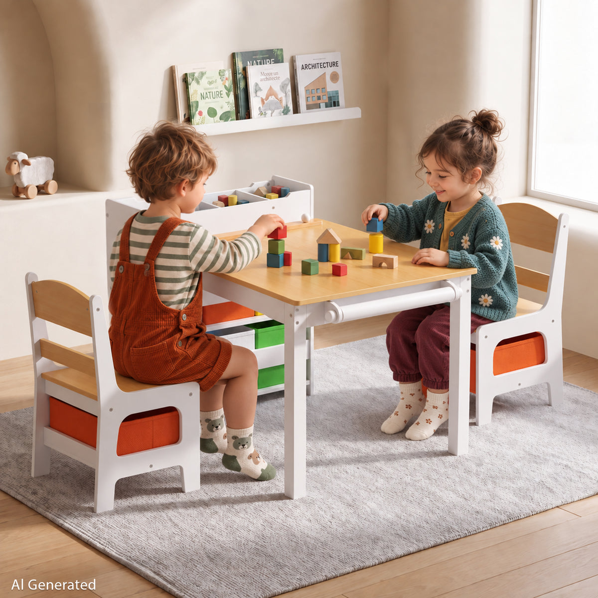 AILEEKISS Kids Table and Chair Set,Children Play Activity Desk for Drawing with 6 Drawers, Natural