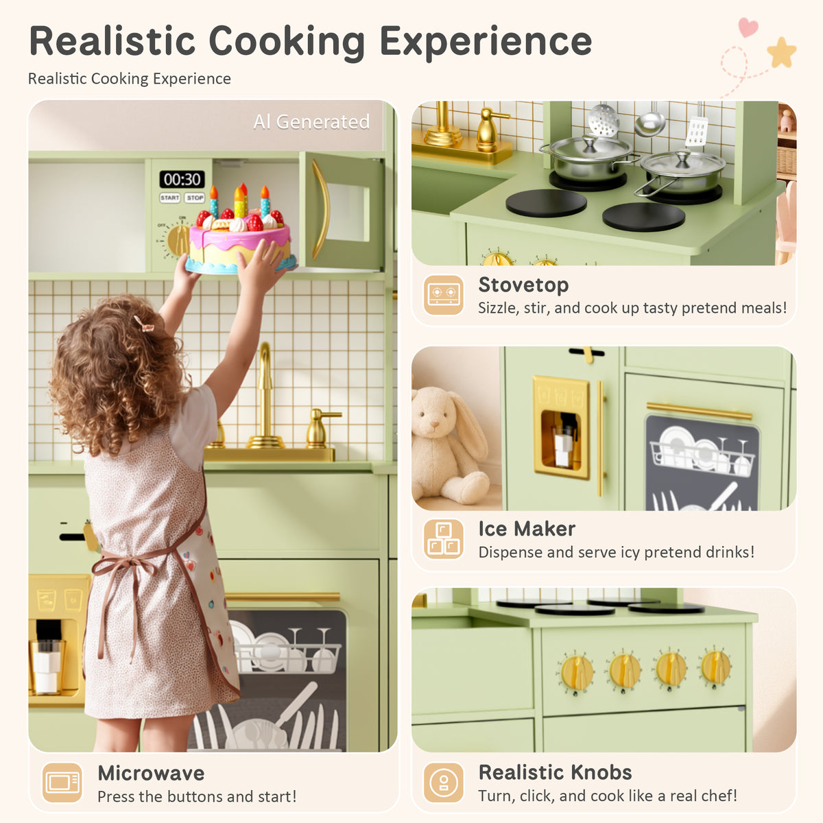 AILEEKISS Kids Kitchen Playset for Children, Realistic Pretend Kitchen Toy with Ice Maker, Green