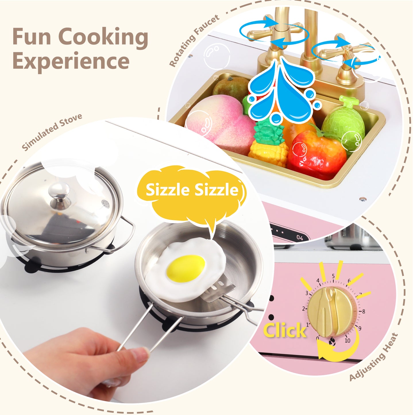 LINLUX Pretend Kids Play Kitchen, Toy Kitchen Playset for Toddler, Wood Kitchen Sets Baby, Pink