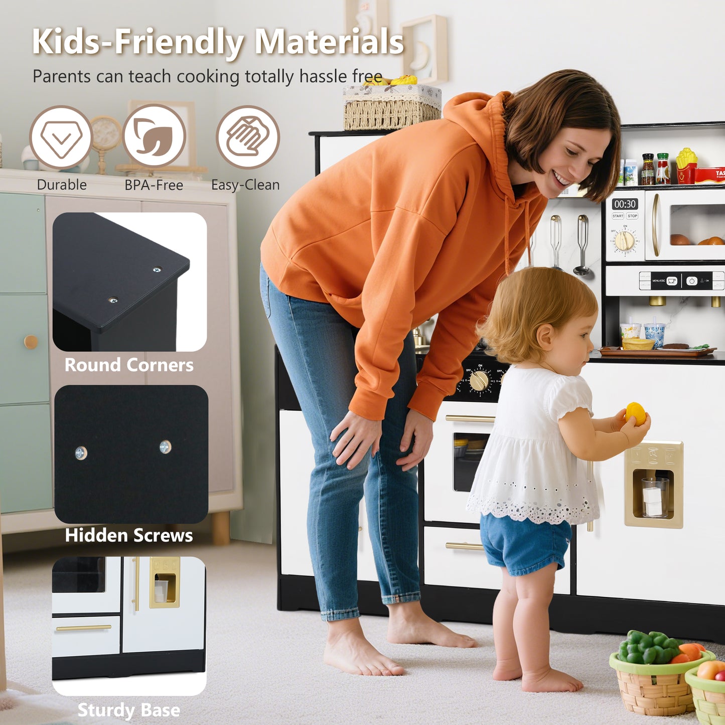 LINLUX Wooden Kids Play Kitchen, Toy Kitchen Playset For Toddler, Realistic Kitchen Sets Baby,Black
