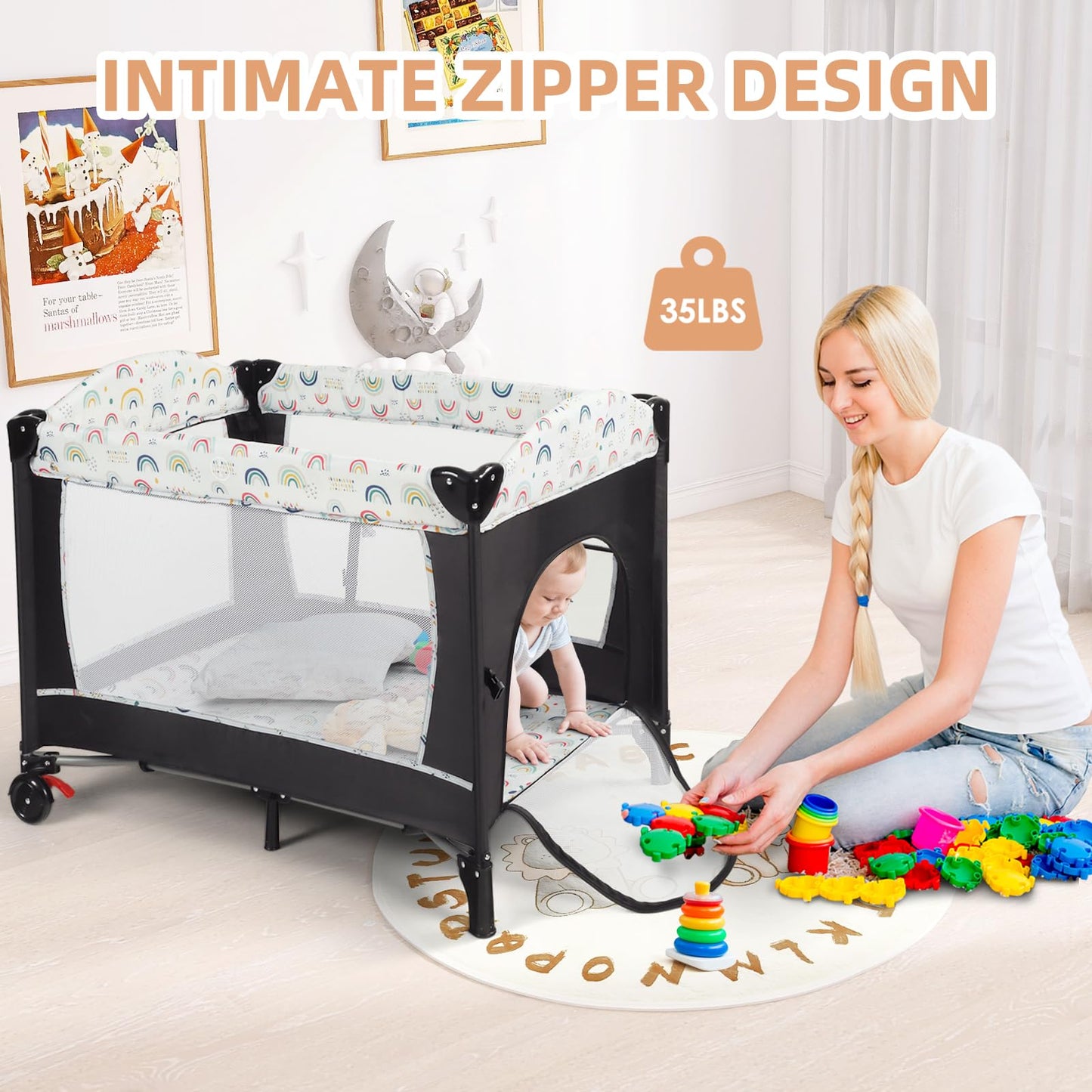 LINLUX Foldable Baby Bedside Crib Bassinet, Infant Pack and Play Playard, Newborn Playpen Changing Table, Multicolor