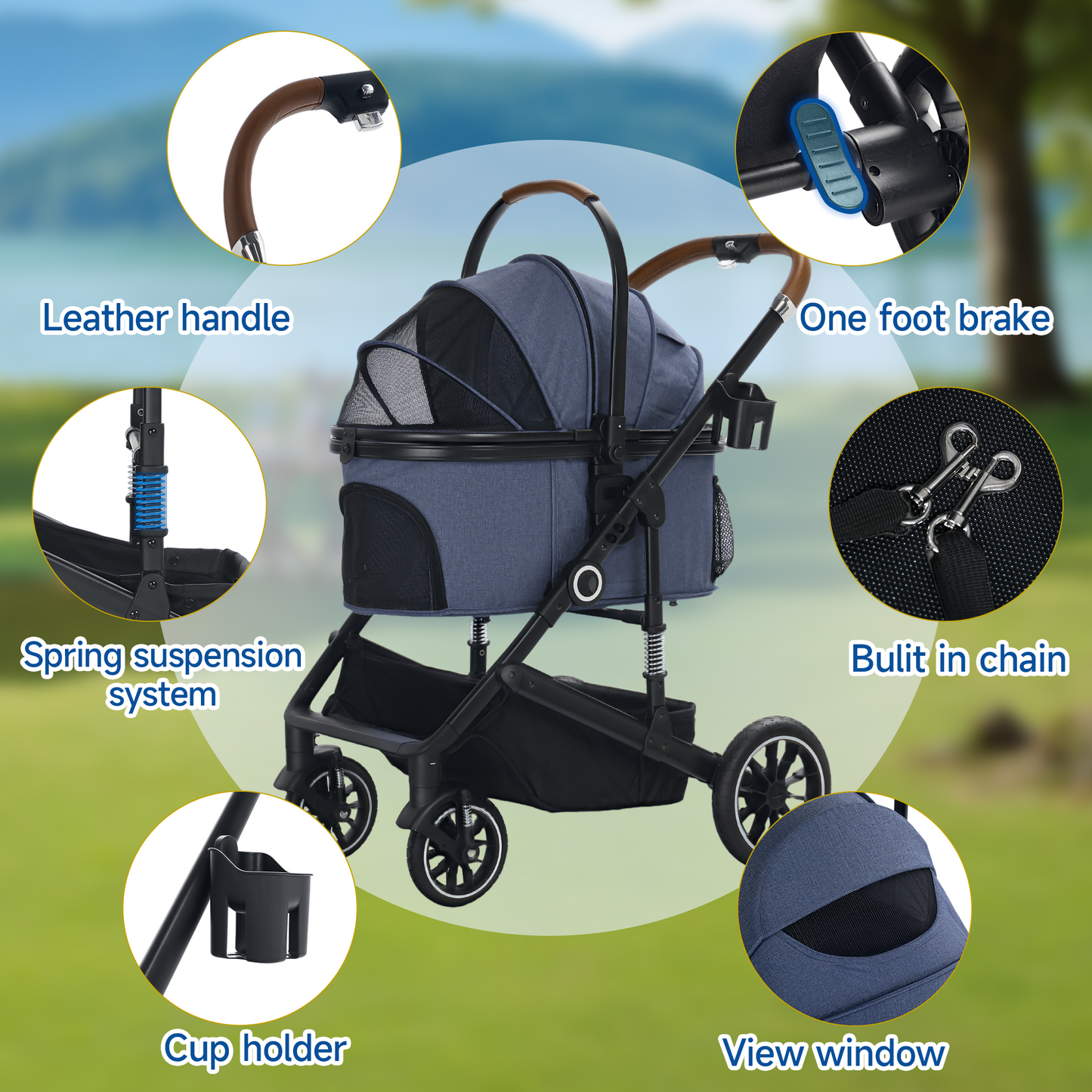 AILEEKISS 4-Wheeled Pet Stroller, Folding Cat and Dog Stroller with Brake, Up to 58 LBS, Blue