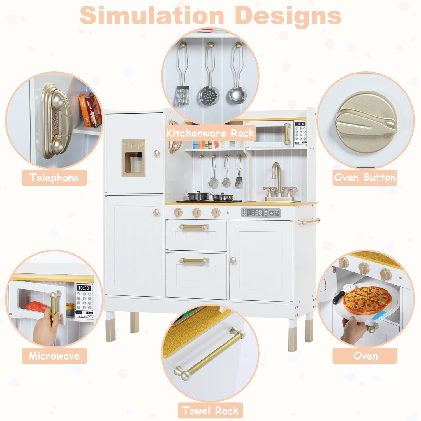 AILEEKISS Wood Kids Play Kitchen, Pretend Toy Kitchen Playset for Children with Sounds, White