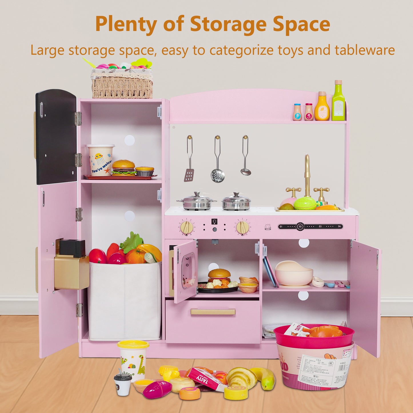 AILEEKISS Wood Kids Play Kitchen, Pretend Kitchen Playset for Children Age 3 Years up, Pink