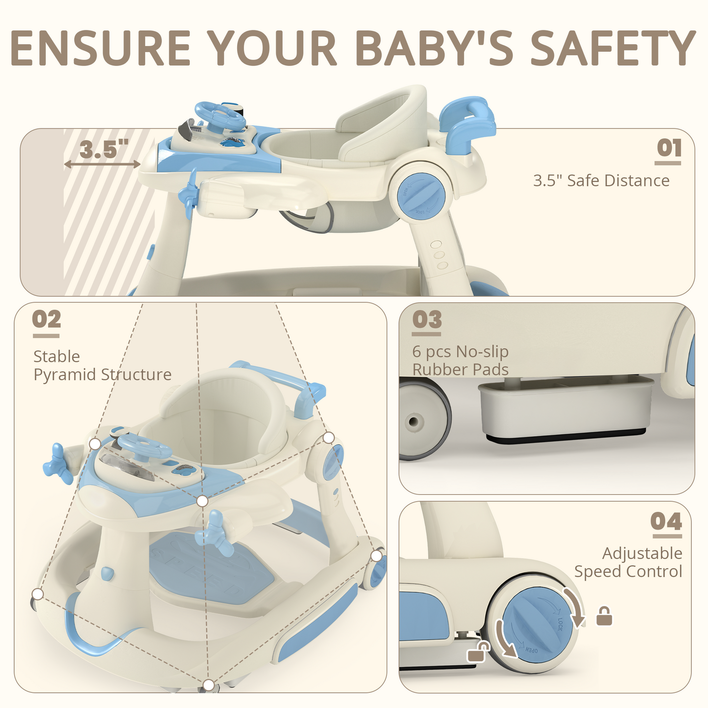 AILEEKISS 5-in-1 Musical Baby Walker with Wheels, Foldable Baby Walker for Boys Girls, Blue