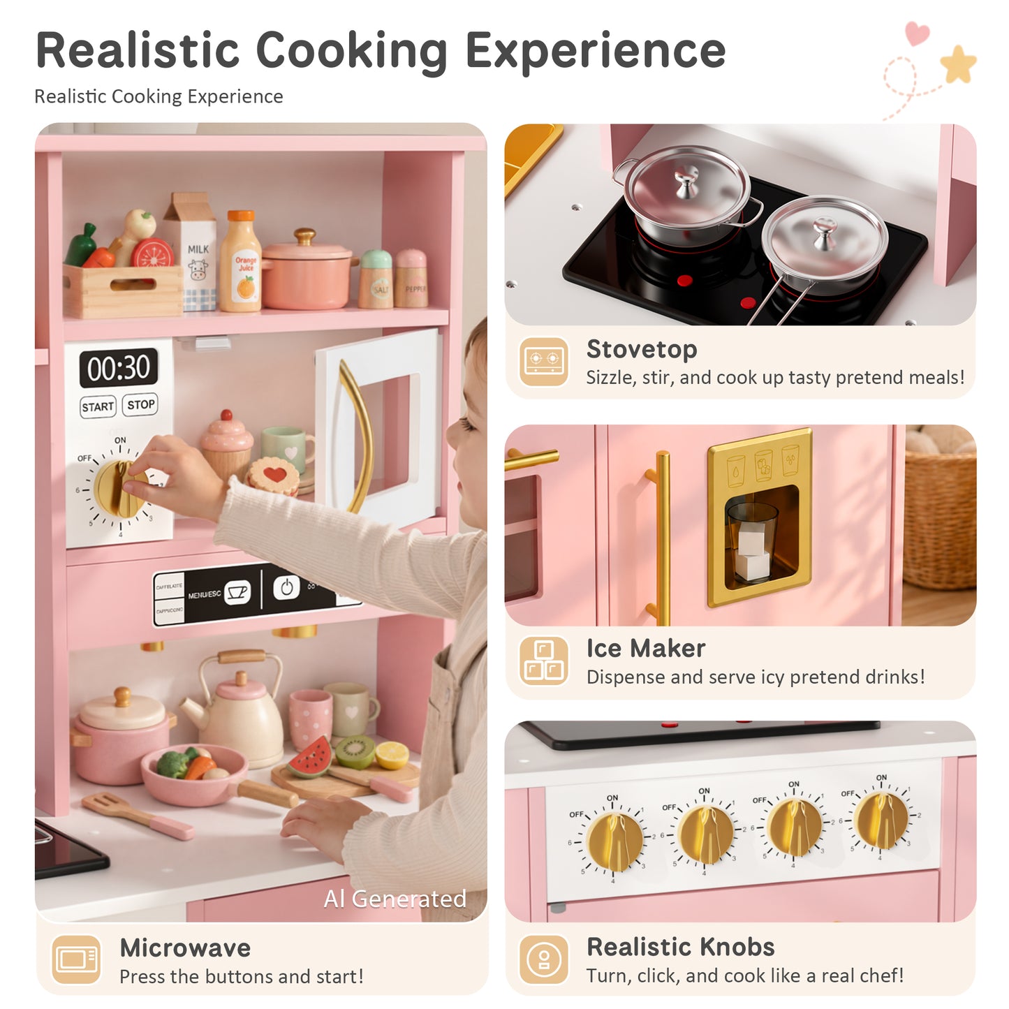AILEEKISS Wood Kids Play Kitchen, Pretend Kitchen Playset for Children Age 3 Years up, Pink