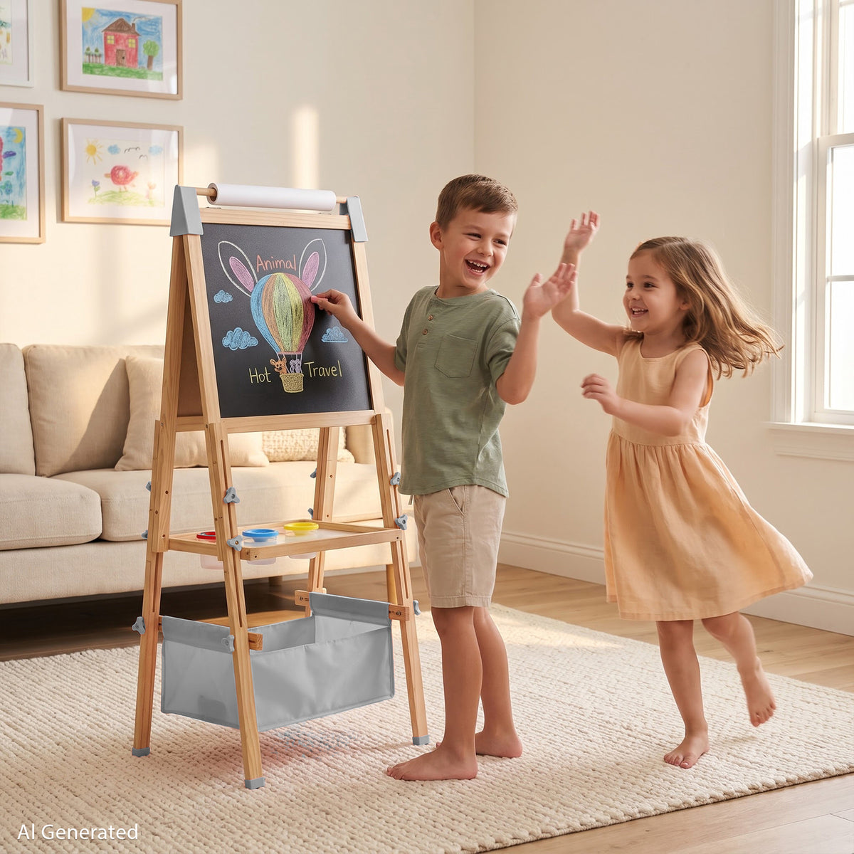 AILEEKISS Kids Art Easel Double-Sided Art Easel with Whiteboard and Chalkboard for Painting, Grey
