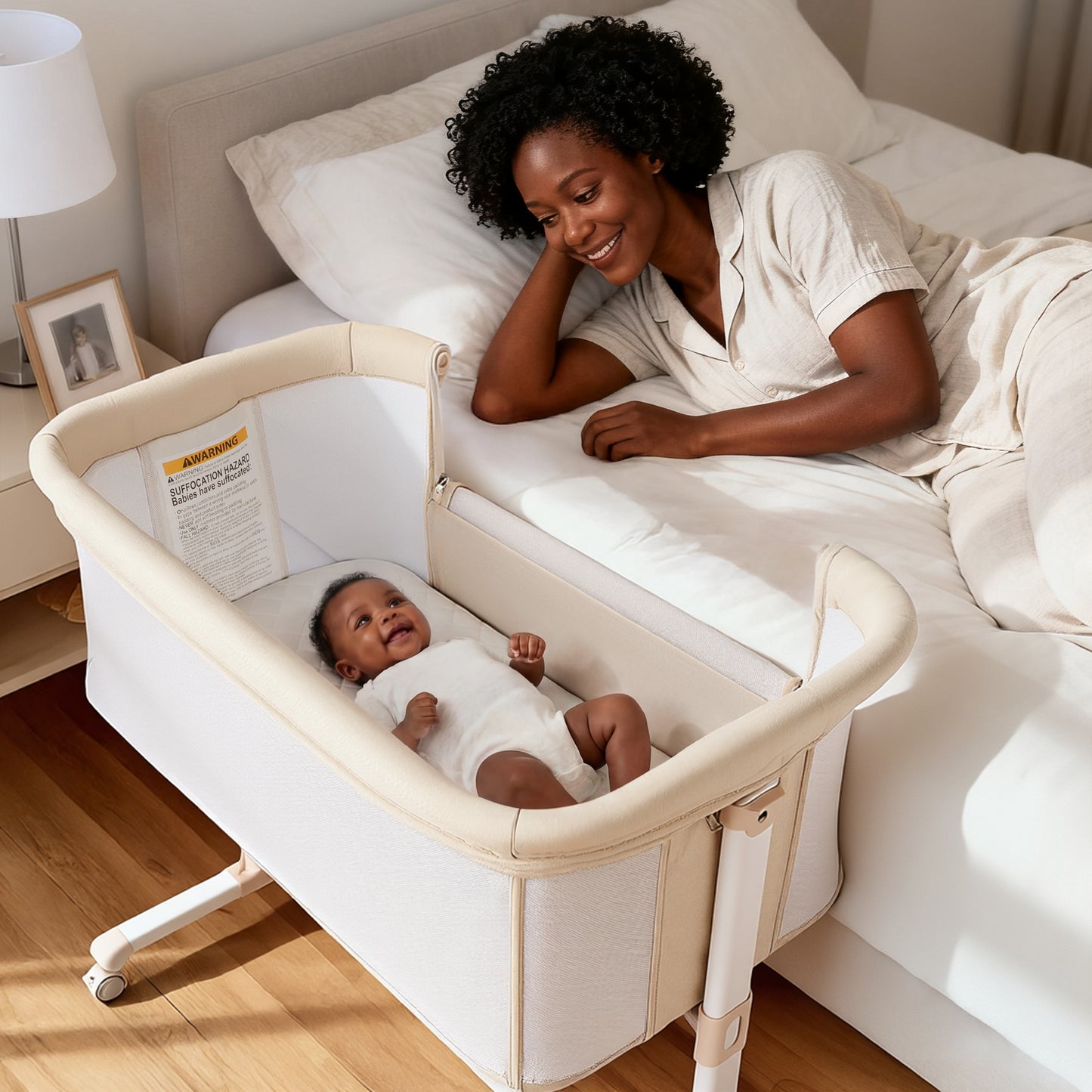 AILEEKISS Baby Bassinet Bedside Sleeper, Height Adjustable Newborn Baby Bassinet with Wheels, Beige