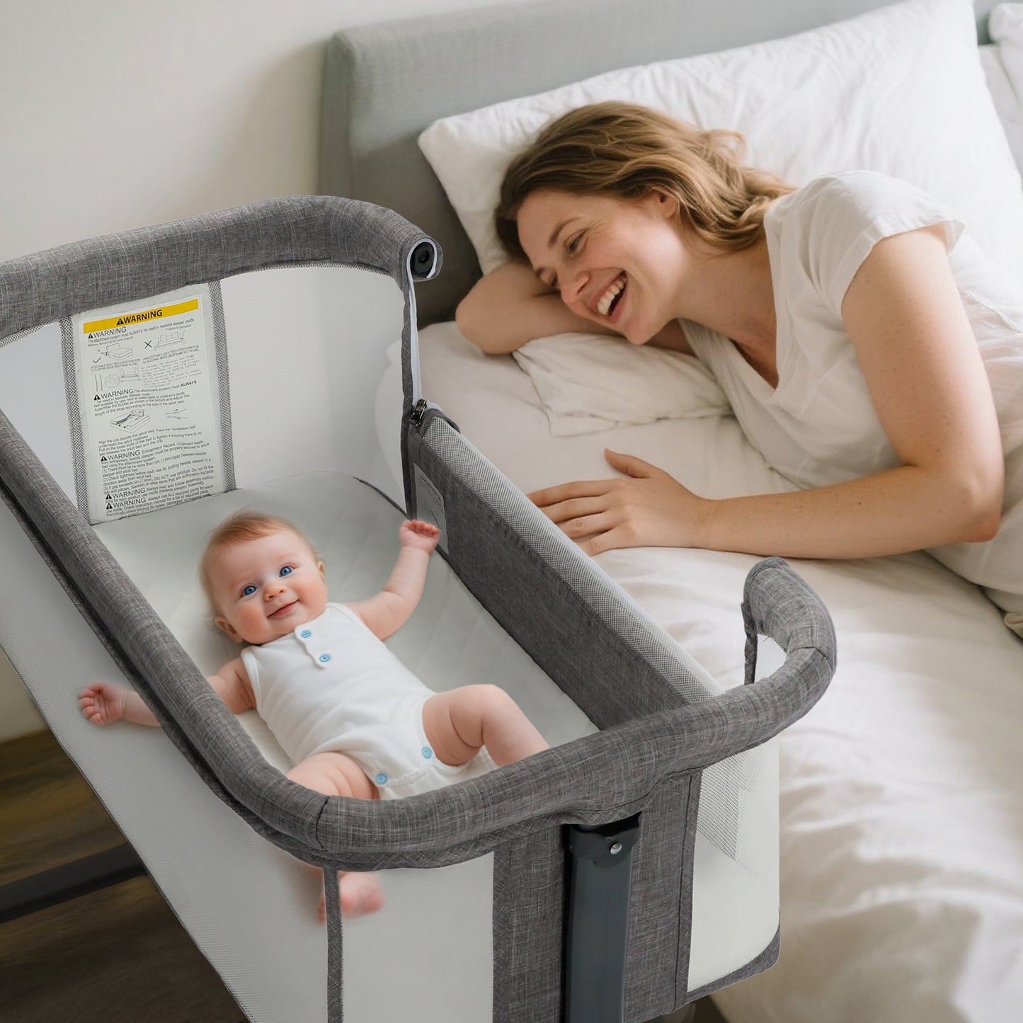 AILEEKISS Baby Bassinet Bedside Sleeper, Height Adjustable Newborn Baby Bassinet with Wheels, Grey