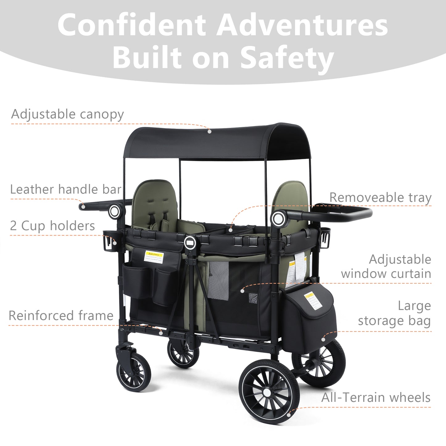 AILEEKISS Stroller Wagon for 2 Toddlers with Canopy, All-Terrain Baby Wagon Stroller,55 Pounds, Green