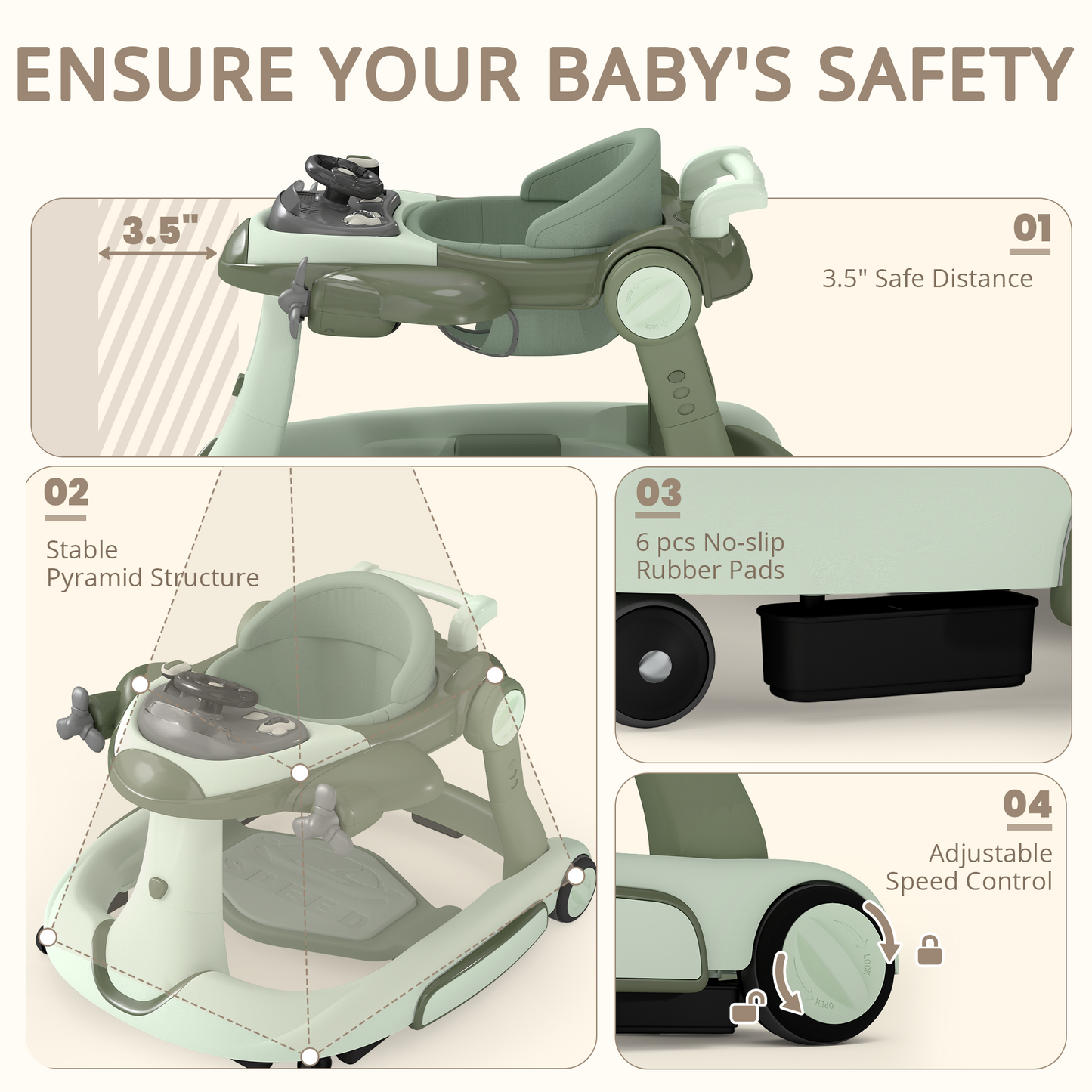 AILEEKISS 5-in-1 Musical Baby Walker with Wheels, Foldable Baby Walker for Boys Girls, Green