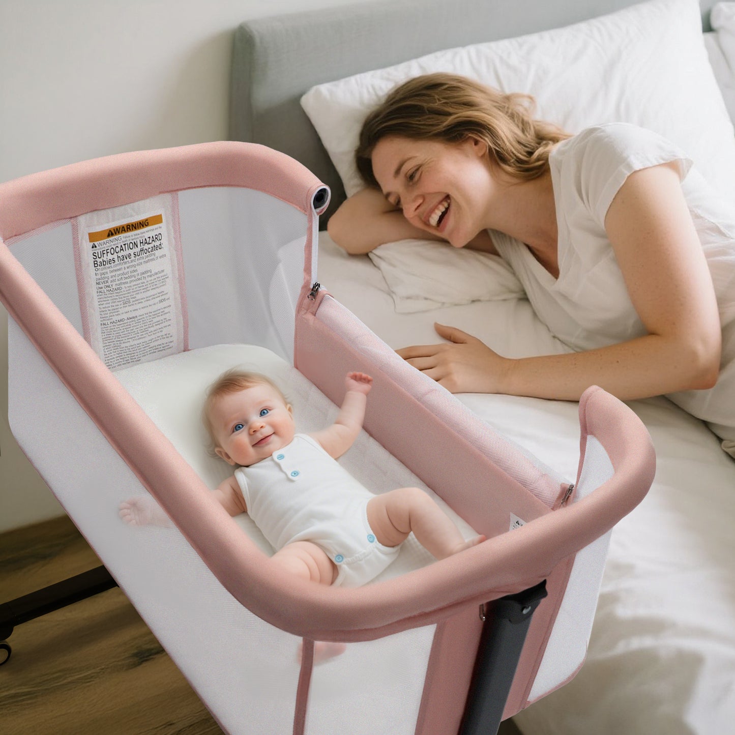 AILEEKISS Baby Bassinet Bedside Sleeper, Height Adjustable Newborn Baby Bassinet with Wheels, Pink