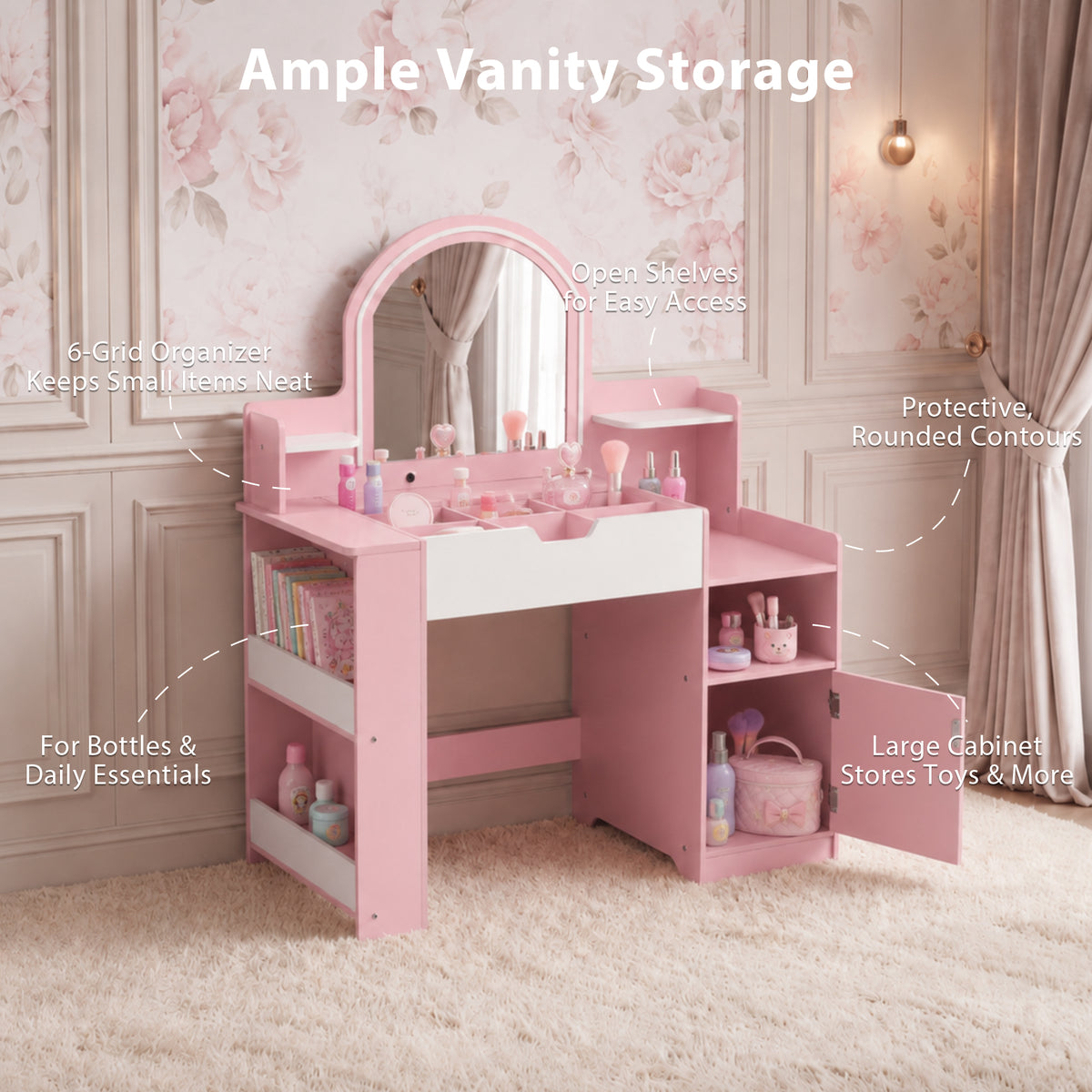 AILEEKISS Vanity Table Set with Flip Desktop, Pretend Play Makeup Table with Drawers, Pink