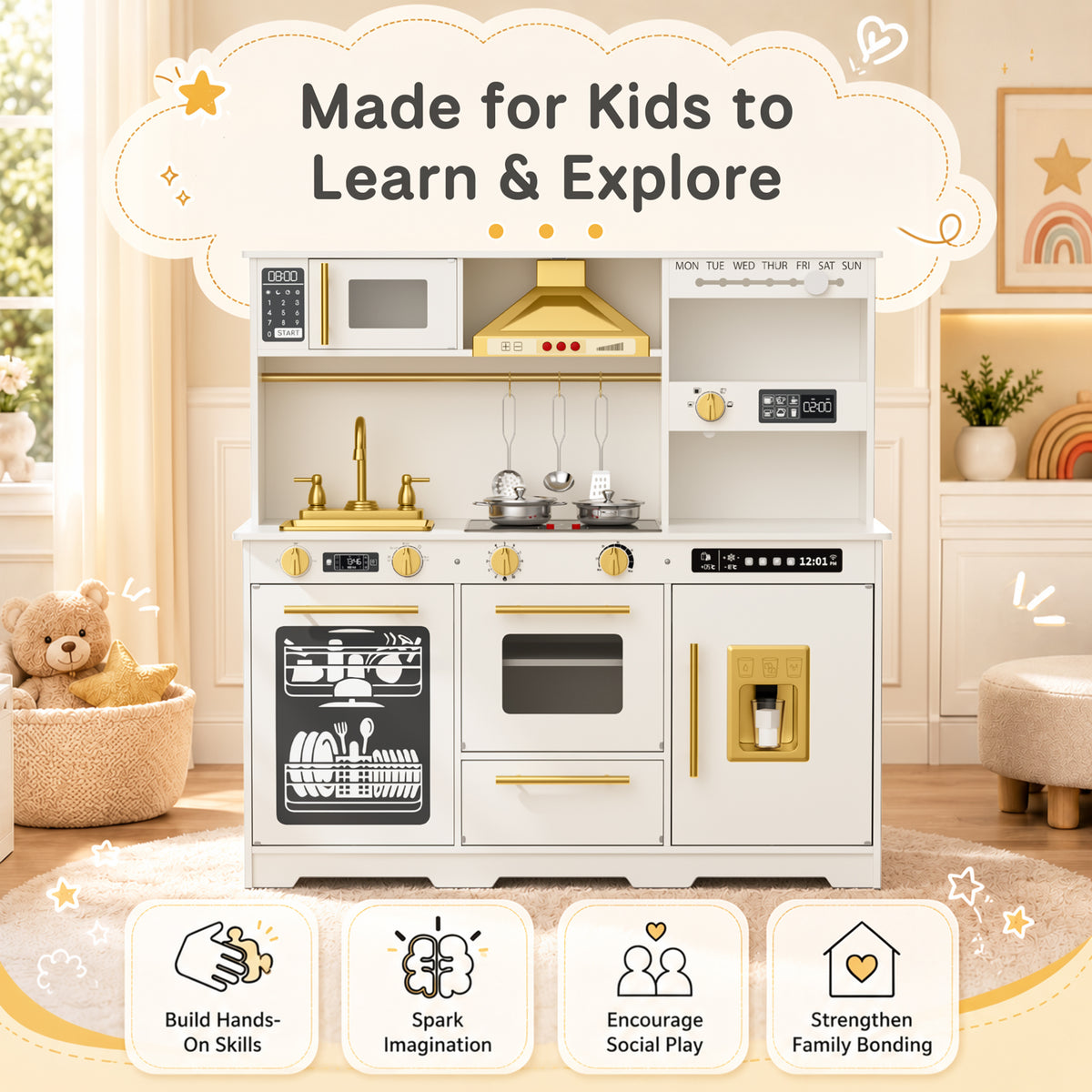 AILEEKISS Kids Toy Kitchen for Children, Pretend Kids Play Kitchen Set with Cooking Accessories, White