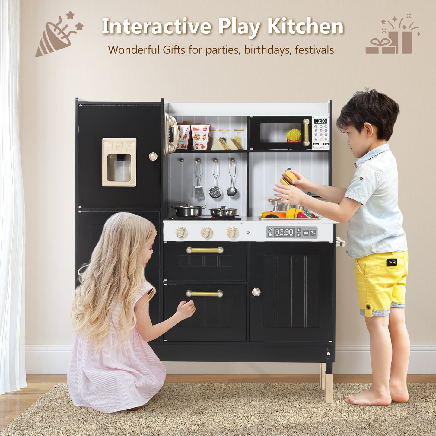 LINLUX Wooden Kids Play Kitchen, Toy Kitchen Playset For Toddler, Realistic Kitchen Sets Baby, Black