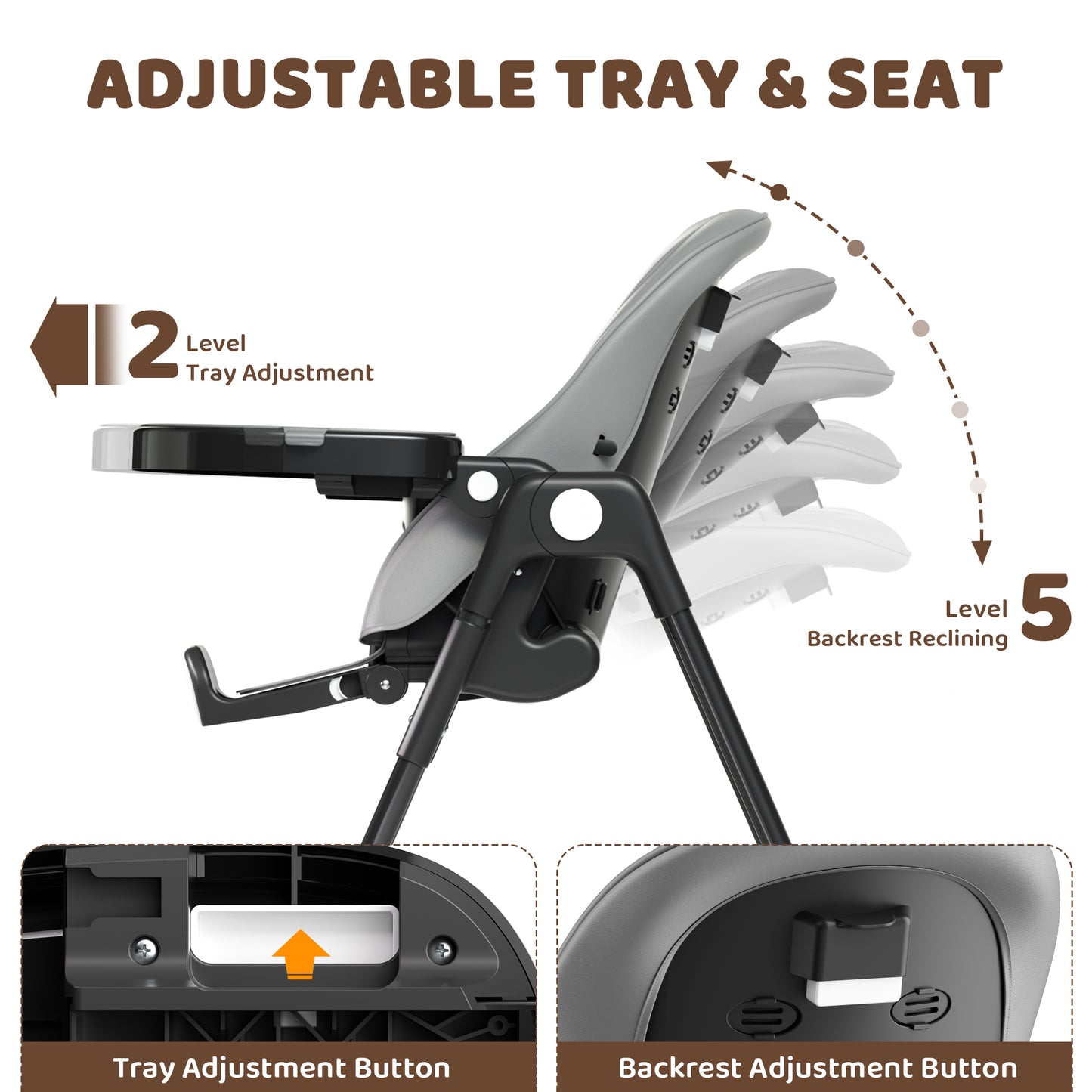 AILEEKISS Foldable High Chair for Baby, Toddler Eating Chair with Detachable Double Trays, Grey