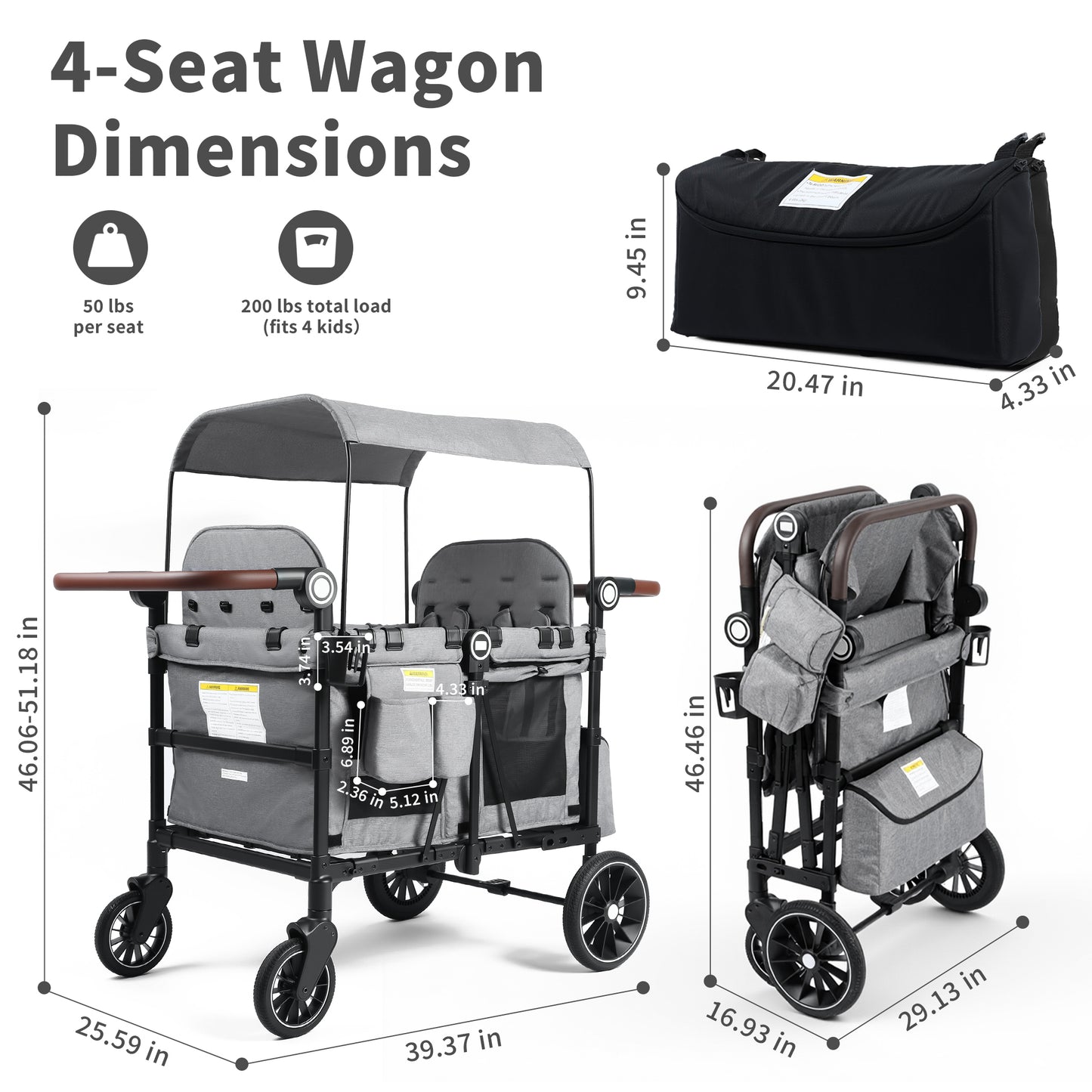 AILEEKISS Wagon Stroller for 4 Toddlers, 4-in-1 Baby Wagon with Canopy, 59 Pounds, Grey