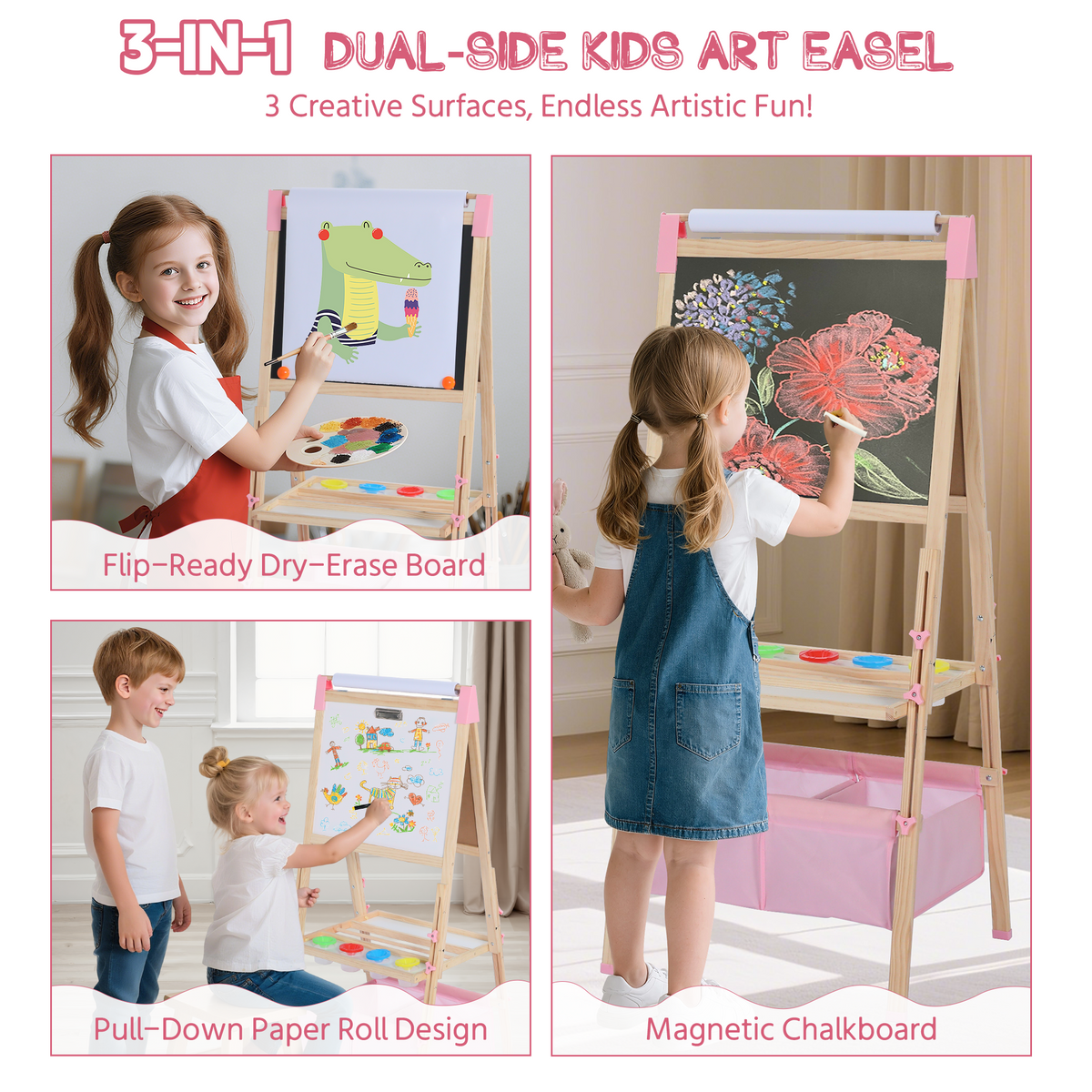 AILEEKISS Kids Art Easel Double-Sided Art Easel with Whiteboard and Chalkboard for Painting, Pink