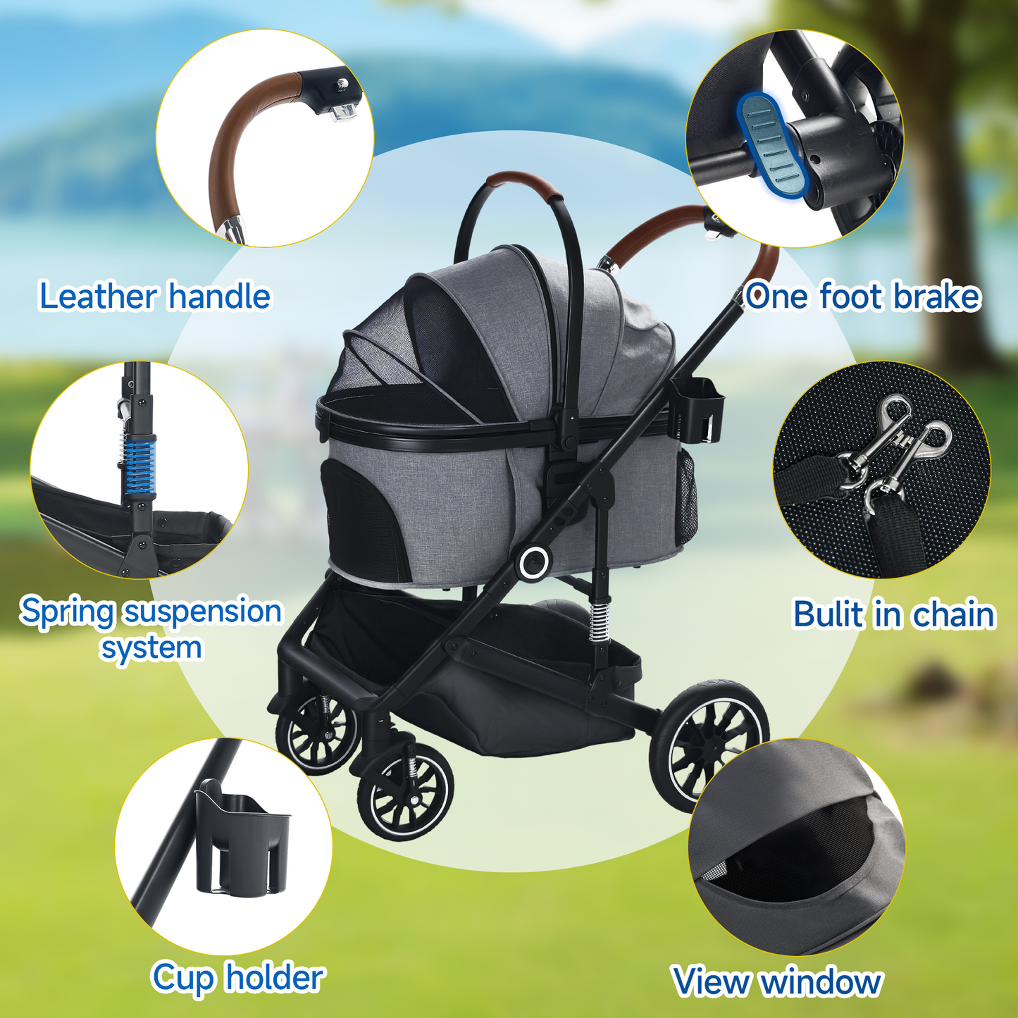 AILEEKISS 4-Wheeled Pet Stroller, Folding Cat and Dog Stroller with Brake, up to 58 lbs, Grey