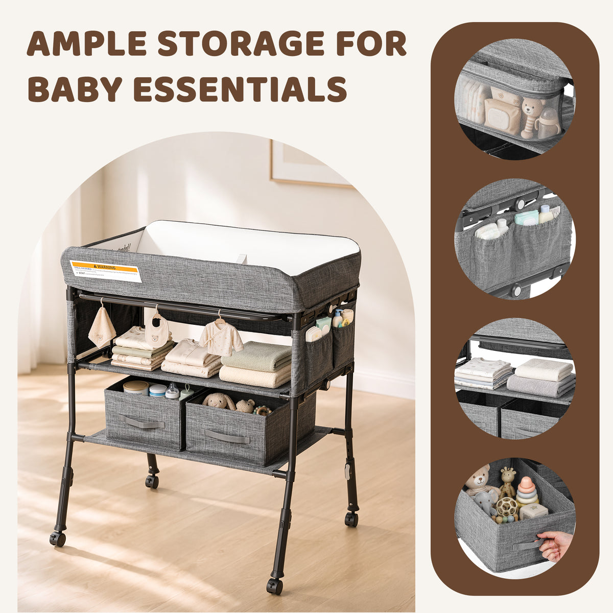 AILEEKISS Baby Diaper Changing Table, Waterproof Folding Changing Station with 2 Drawers, Grey