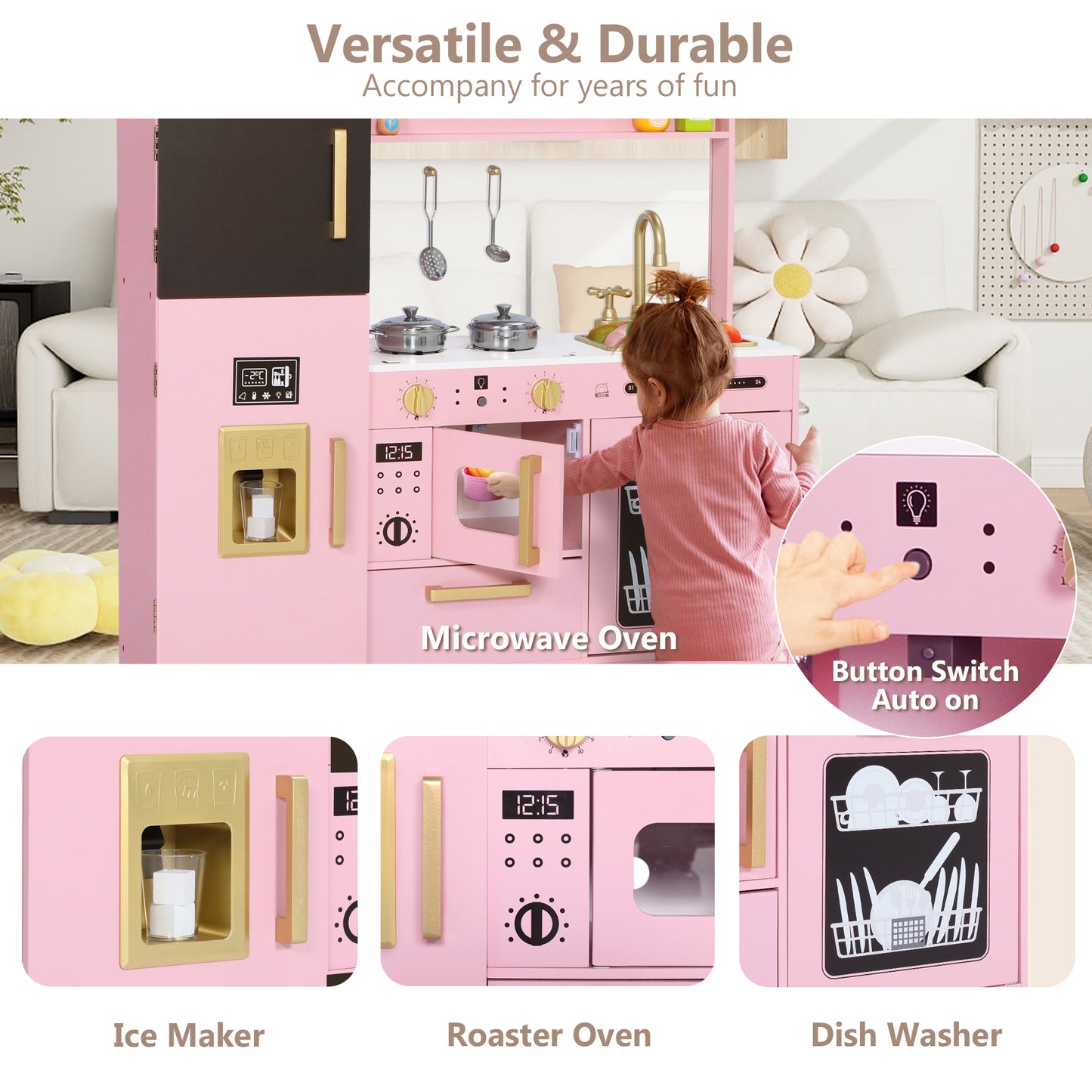 LINLUX Pretend Kids Play Kitchen, Toy Kitchen Playset for Toddler, Wood Kitchen Sets Baby, Pink