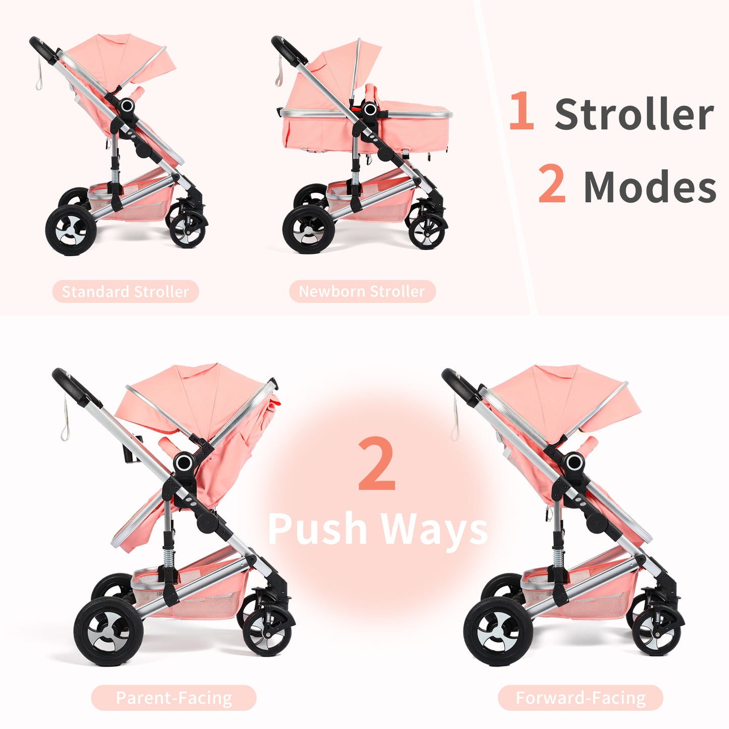 AILEEKISS 3 in 1 Convertible Baby Stroller, Unisex Folding Newborn Stroller with Big Seat, Pink