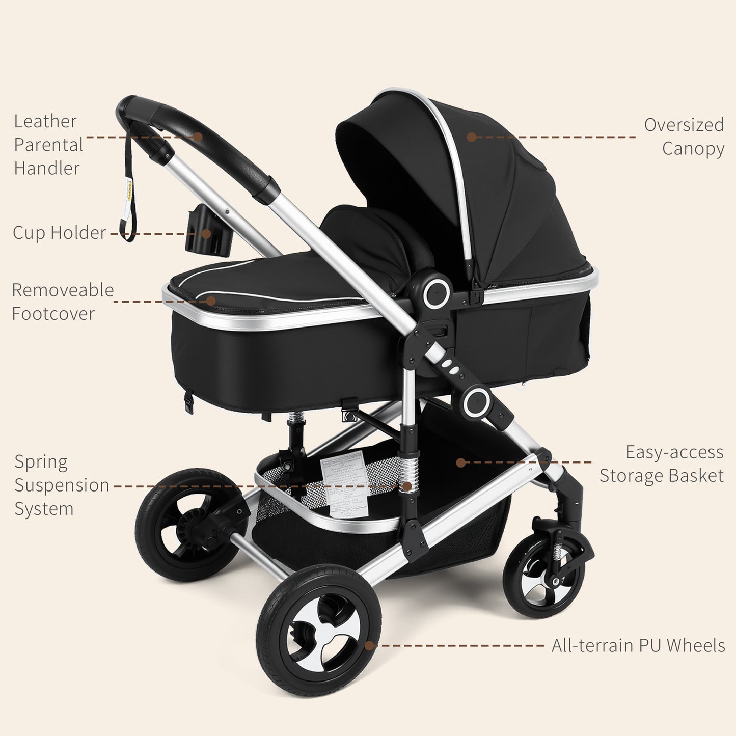 AILEEKISS 3 in 1 Convertible Baby Stroller, Unisex Folding Newborn Stroller with Big Seat, Black Silver