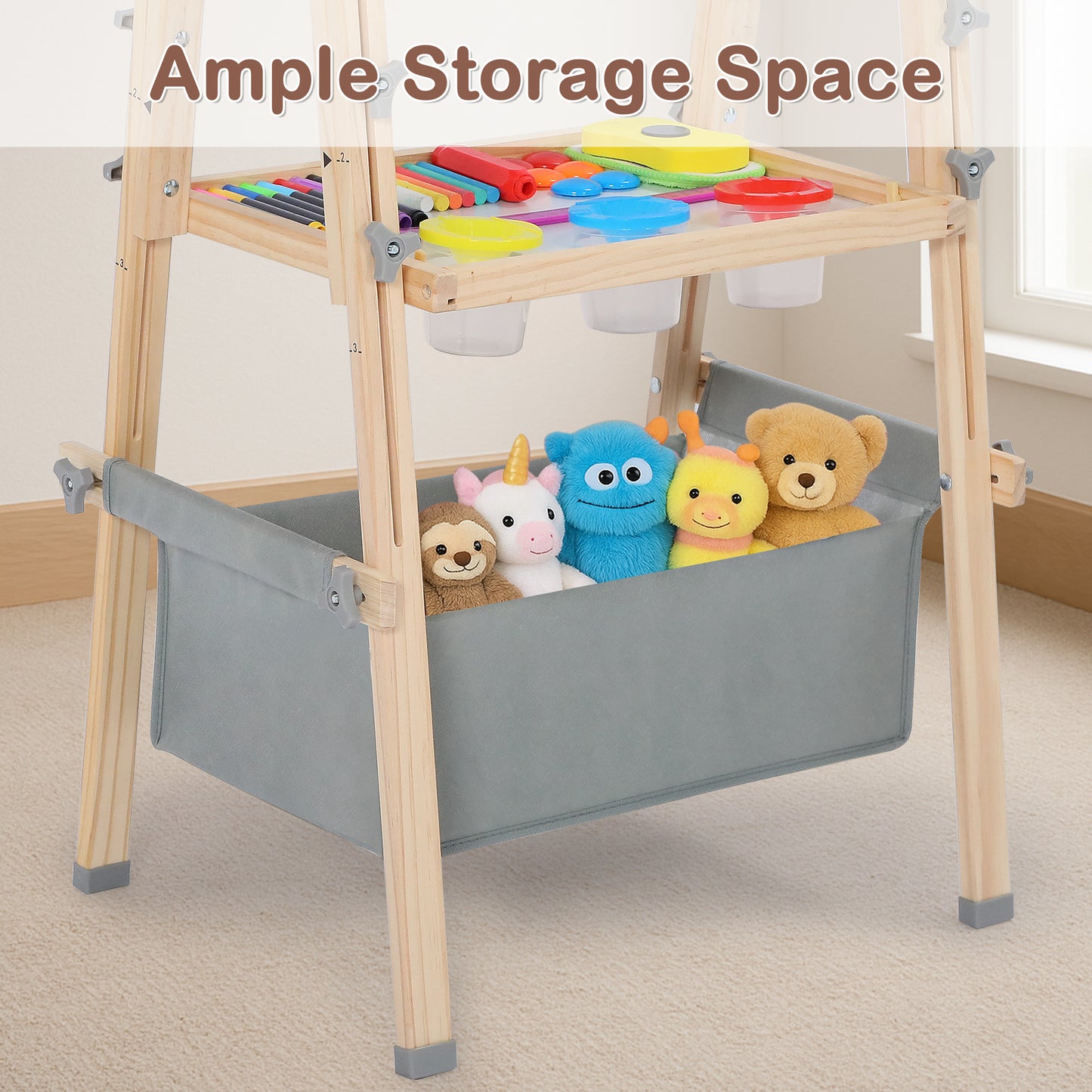 LINLUX Double-Sided Art Easel for Kids, 3 in 1 Wooden Kids Easel w/Paper Roller & Art Supplies, Grey