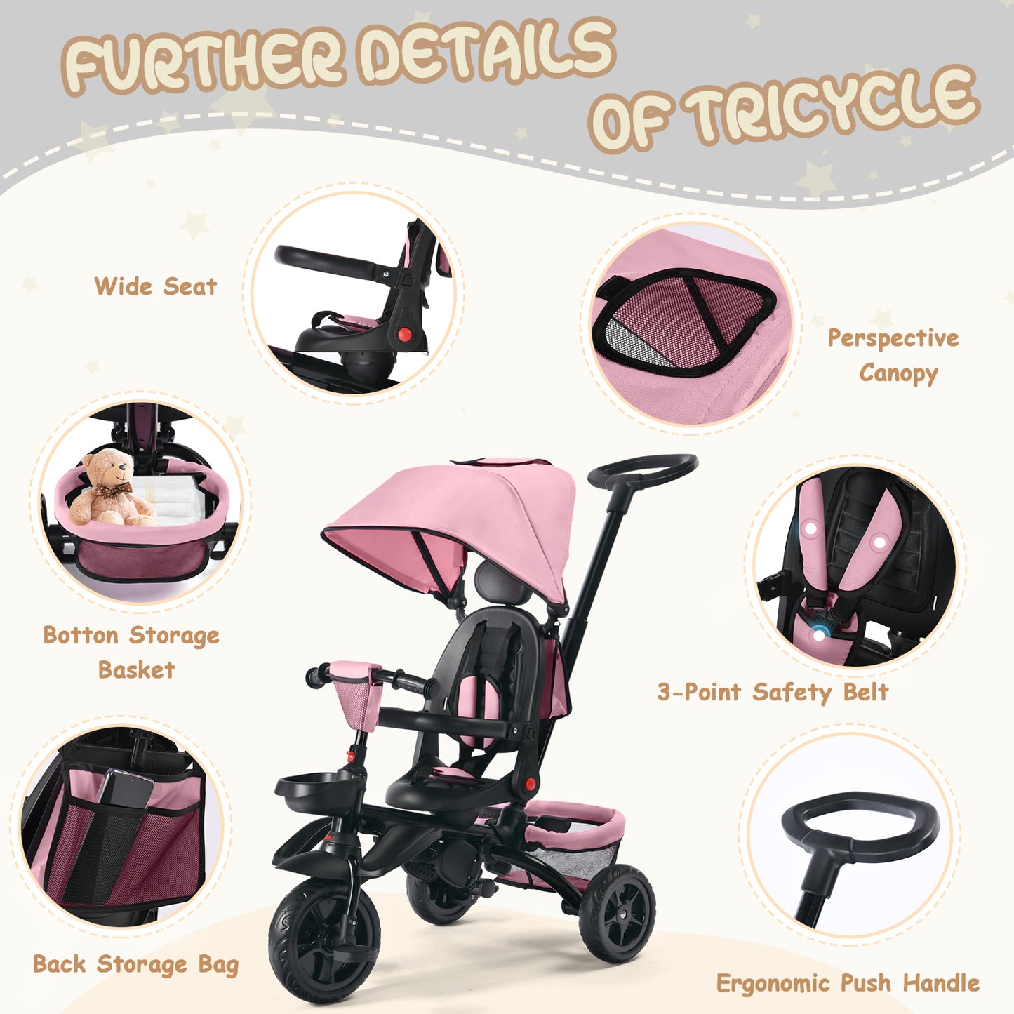 AILEEKISS Folding Kids' Tricycle, 8 IN1 Baby Trike W/Removable Canpoy&Parental Push Rod, Toddler Bike Stroller for Kids 1-5 Years, Pink
