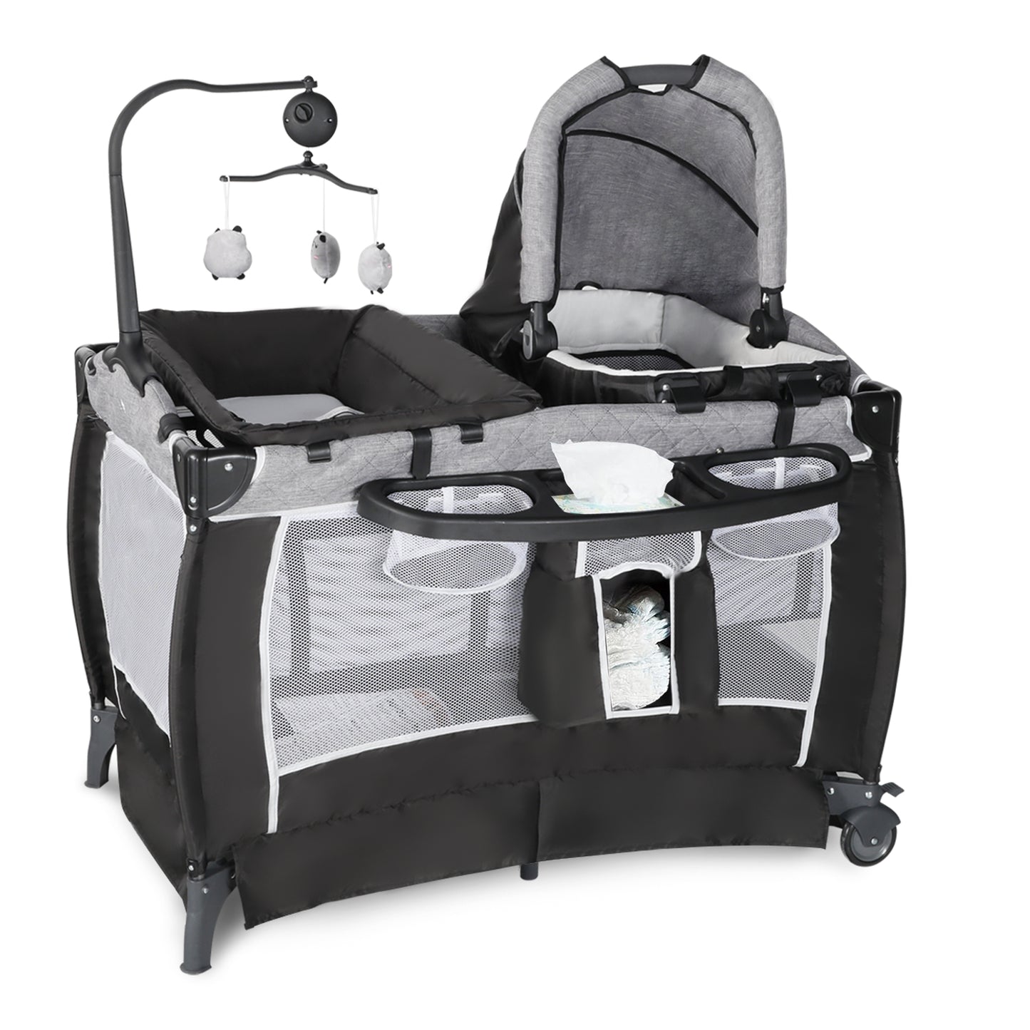 Portable Nursery Center Playard, 5 in 1 Foldable Baby Bassinet & Unisex Crib, 0-36 Months