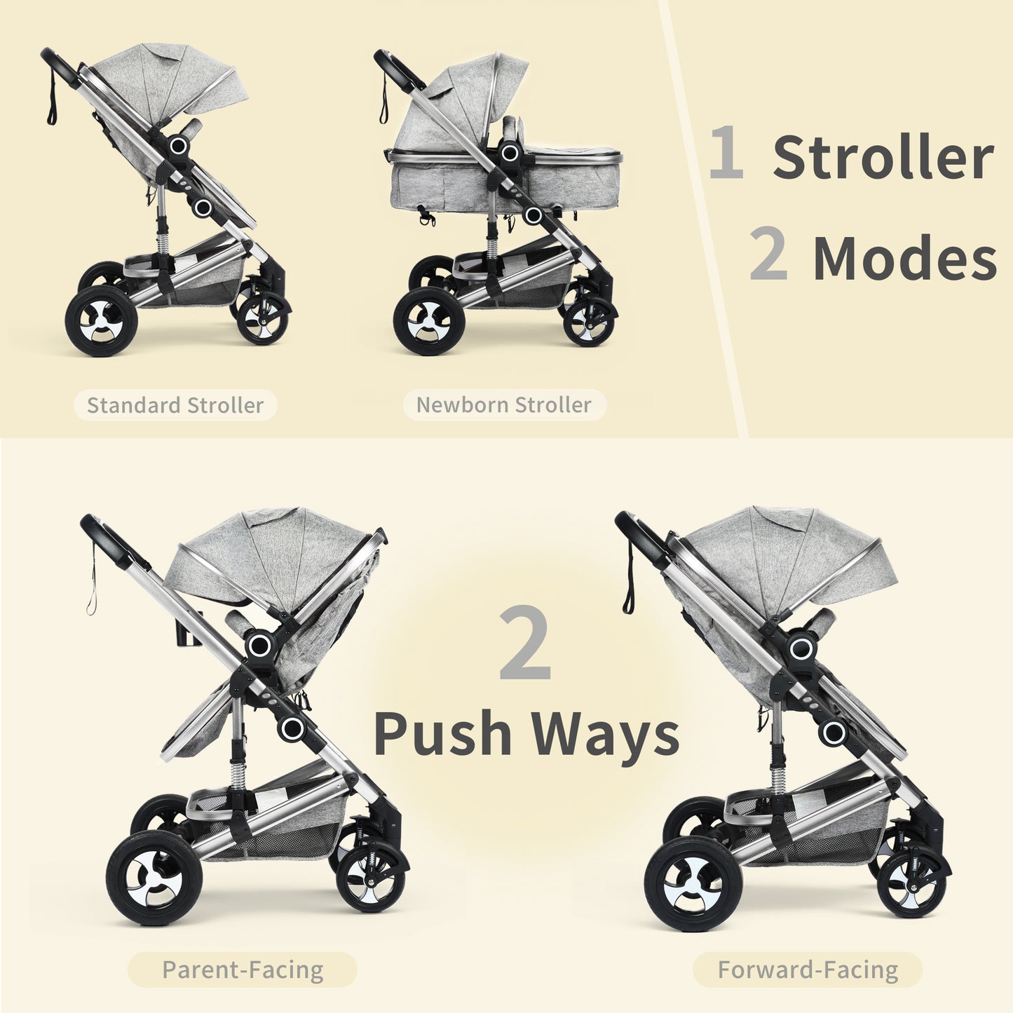 AILEEKISS 3 in 1 Convertible Baby Stroller, Unisex Folding Newborn Stroller with Big Seat, Light Grey