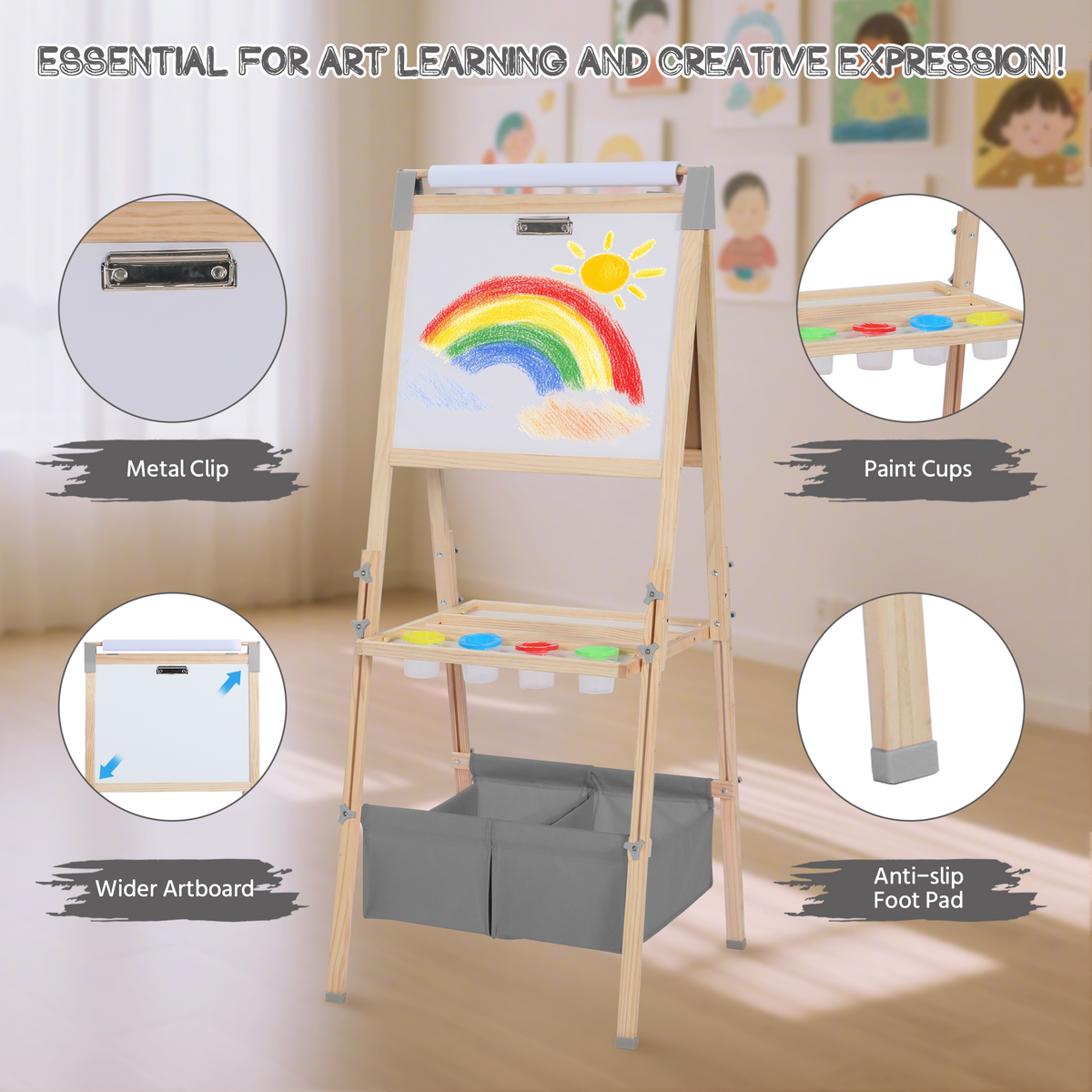 AILEEKISS Kids Art Easel Double-Sided Art Easel with Whiteboard and Chalkboard for Painting, Grey