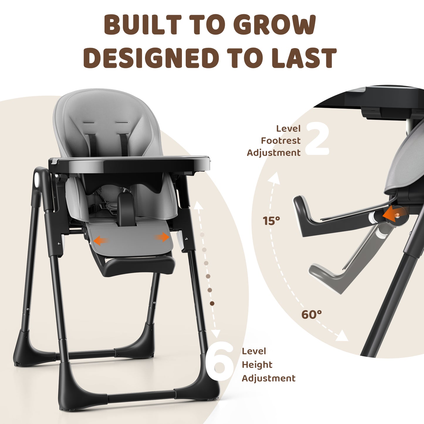 AILEEKISS Foldable High Chair for Baby, Toddler Eating Chair with Detachable Double Trays, Grey