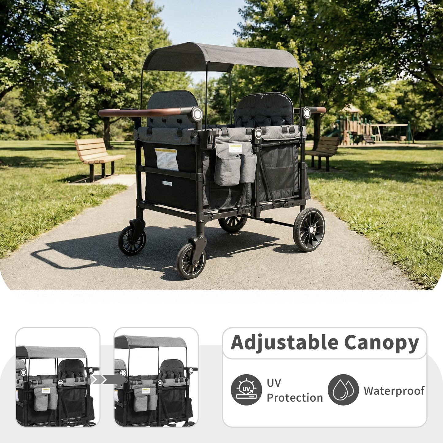 AILEEKISS Wagon Stroller for 4 Toddlers, 4-in-1 Baby Wagon with Canopy, 59 Pounds, Black Grey