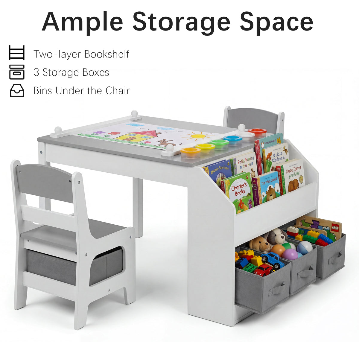 AILEEKISS Kids Table and Chair Set,Children Play Activity Desk for Drawing with 3 Drawers, Grey