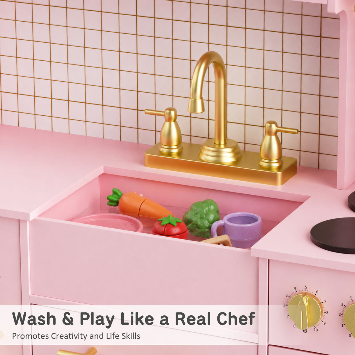 AILEEKISS Kids Kitchen Playset for Children, Realistic Pretend Kitchen Toy with Ice Maker, Pink