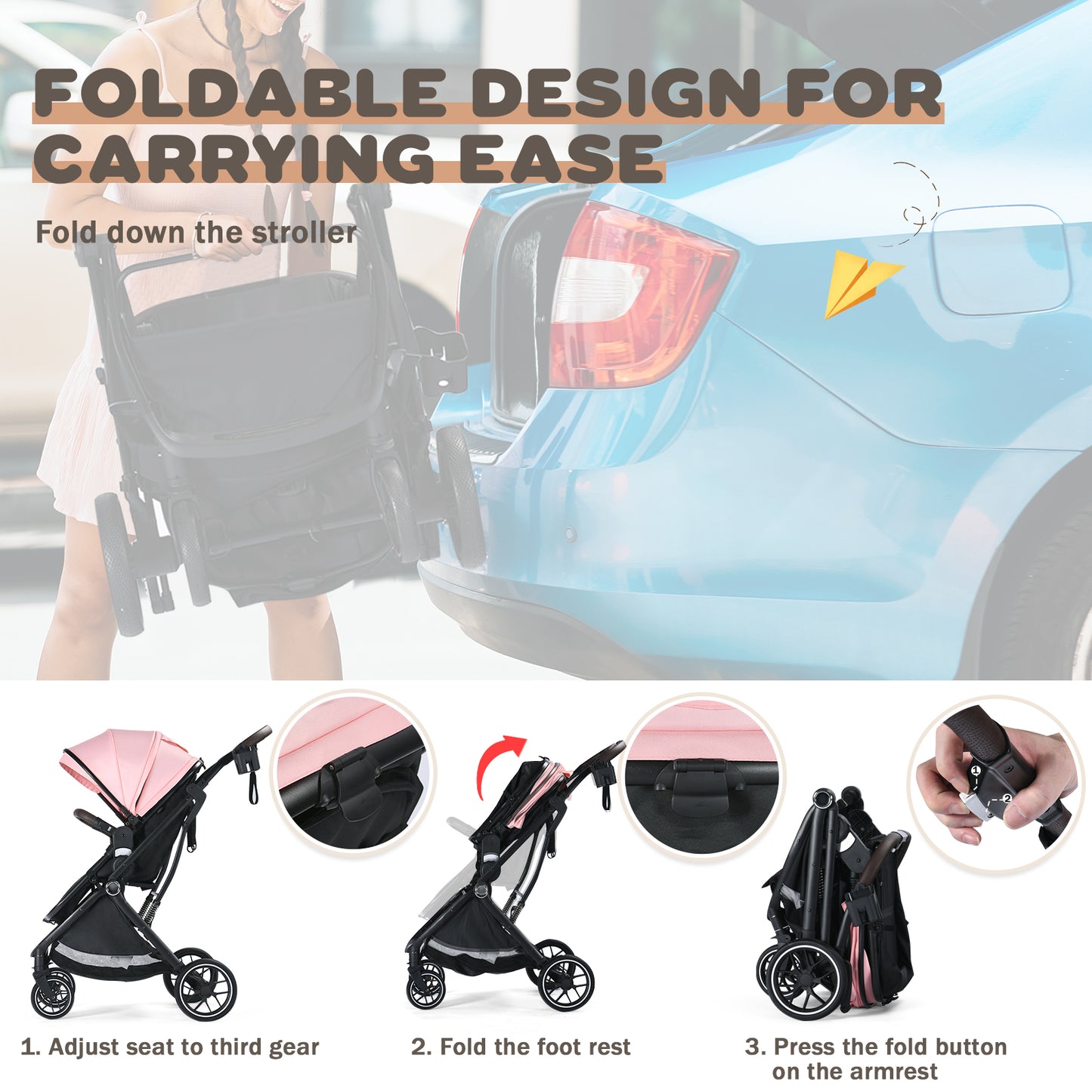 Baby Stroller, 3 in 1 Folding Infant Stroller & Unisex Bassinet Stroller for Newborn, Pink