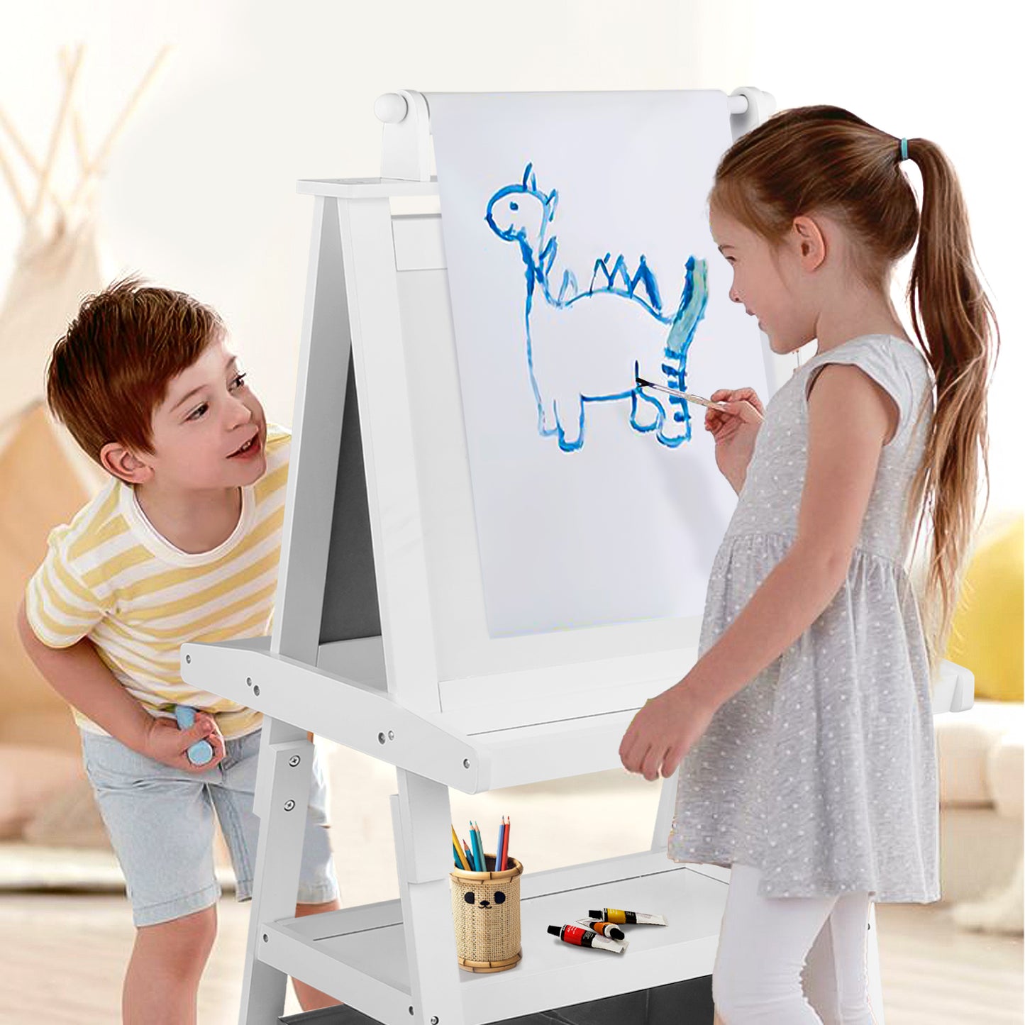 3 in 1 Kids Art Easel Double-Sided Magnetic Whiteboard Chalkboard Paper Roller, White