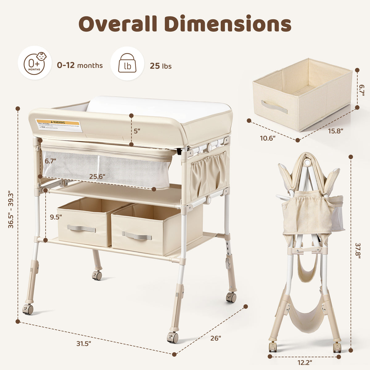 AILEEKISS Baby Diaper Changing Table, Waterproof Folding Changing Station with 2 Drawers, Beige