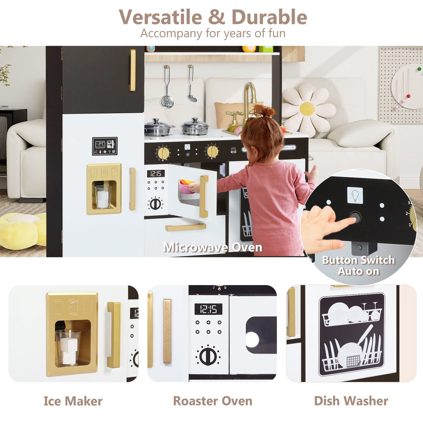LINLUX Pretend Kids Play Kitchen, Toy Kitchen Playset for Toddler, Wood Kitchen Sets Baby, Black
