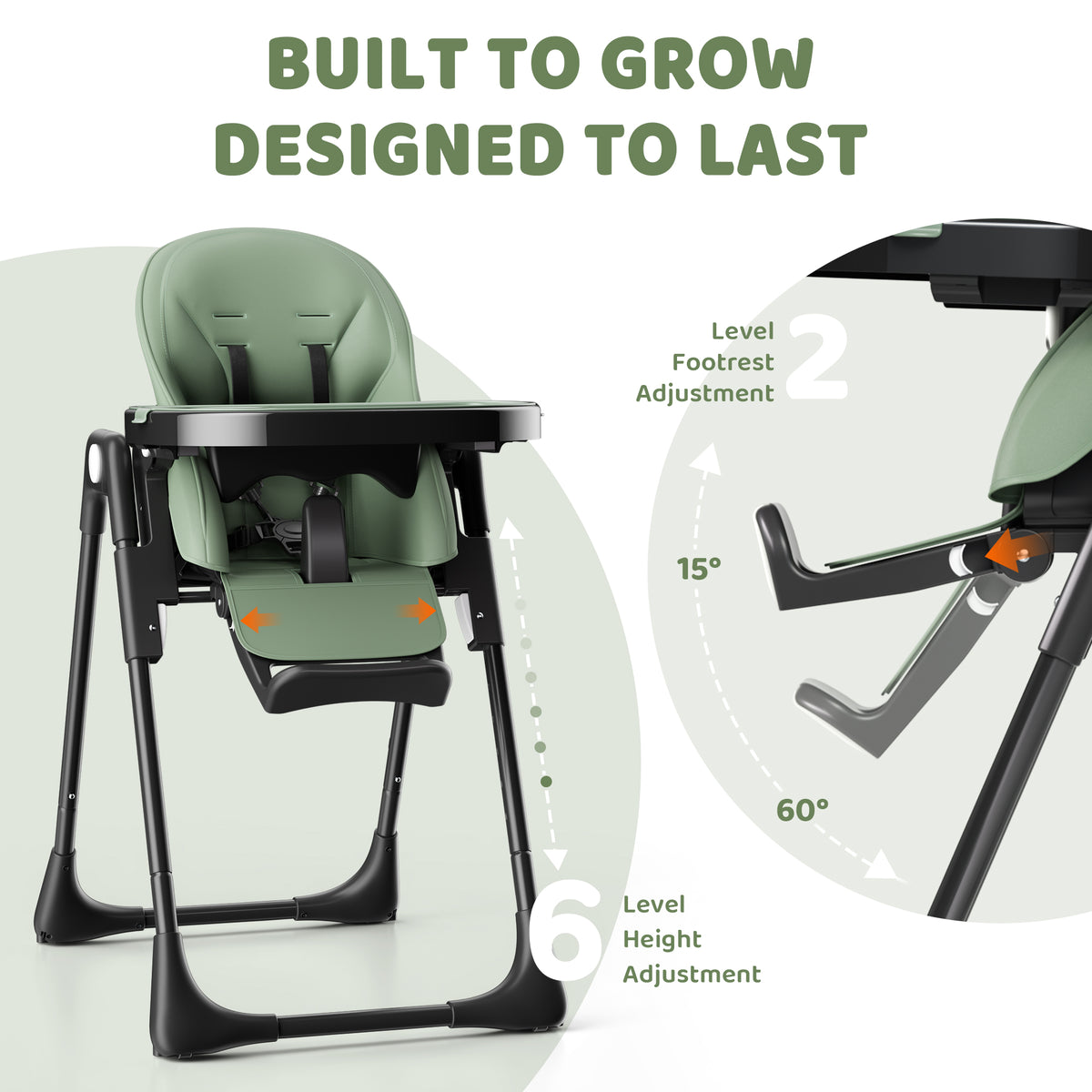 AILEEKISS Foldable High Chair for Baby, Toddler Eating Chair with Detachable Double Trays, Green