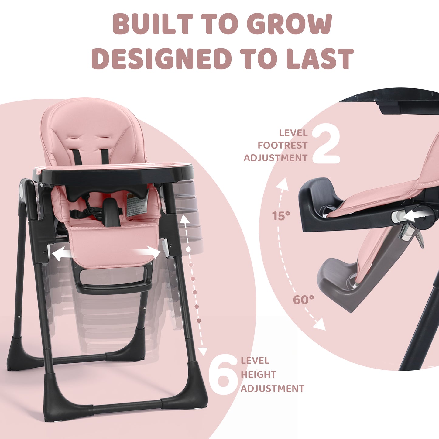 AILEEKISS Foldable High Chair for Baby, Toddler Eating Chair with Detachable Double Trays, Black Pink