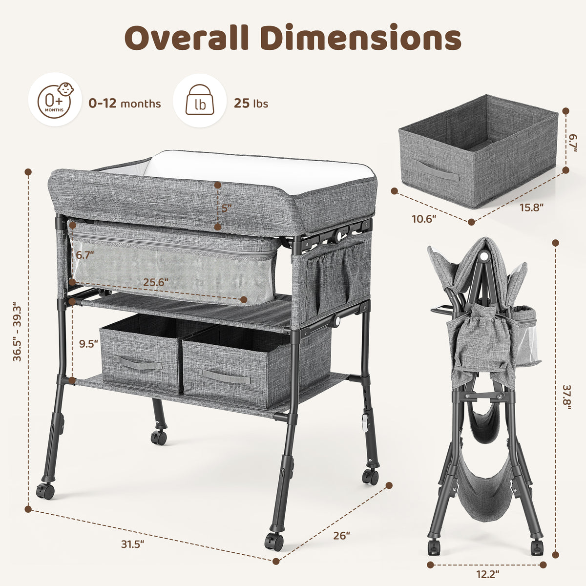 AILEEKISS Baby Diaper Changing Table, Waterproof Folding Changing Station with 2 Drawers, Grey