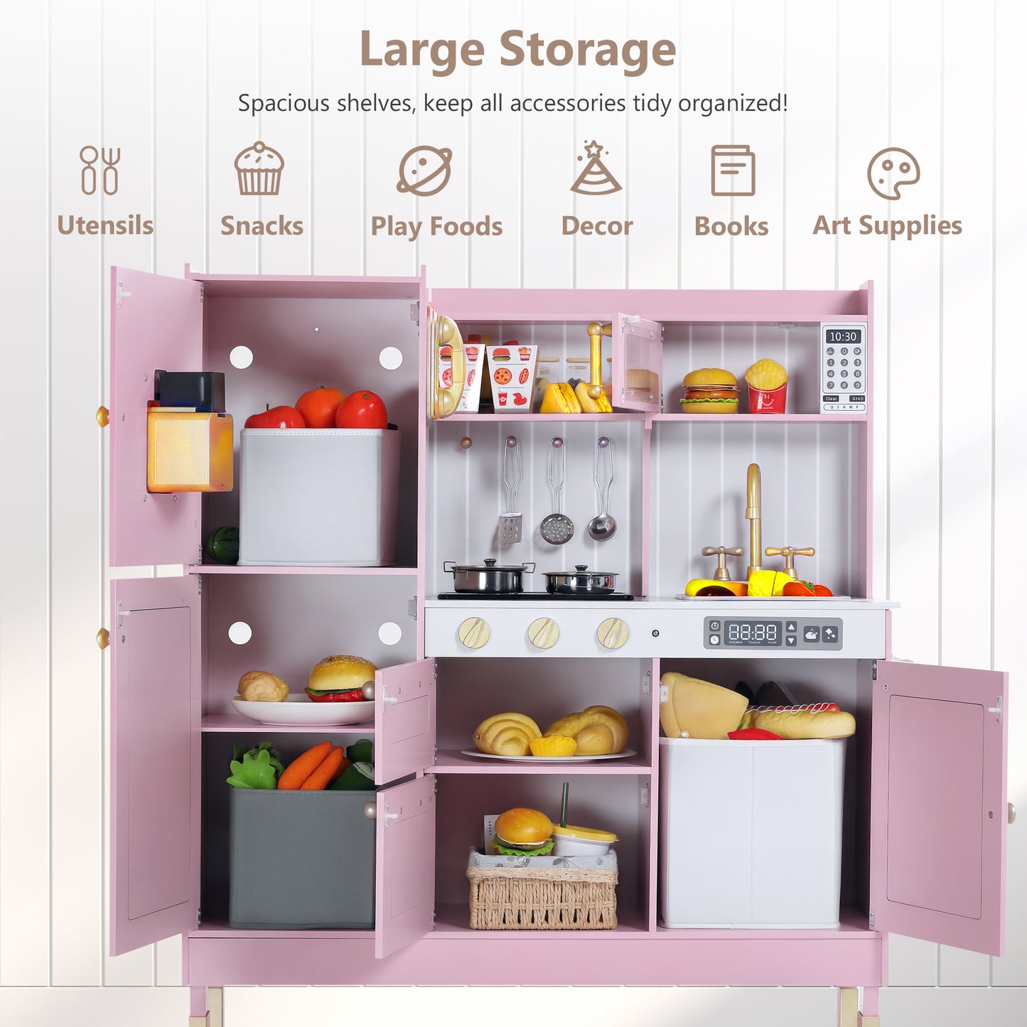 LINLUX Wooden Kids Play Kitchen, Toy Kitchen Playset For Toddler, Realistic Kitchen Sets Baby, Pink