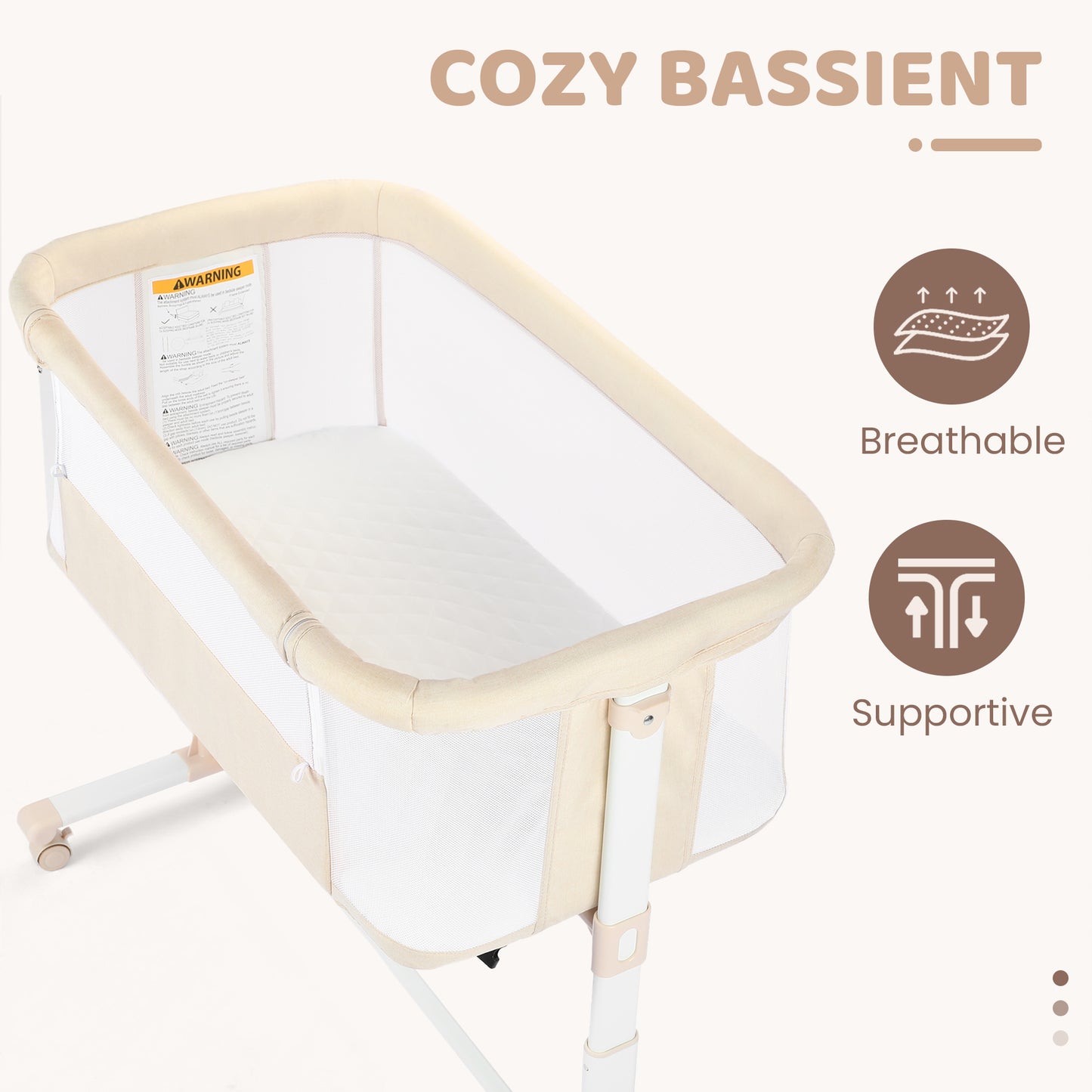 AILEEKISS Baby Bassinet Bedside Sleeper, Height Adjustable Newborn Baby Bassinet with Wheels, Beige