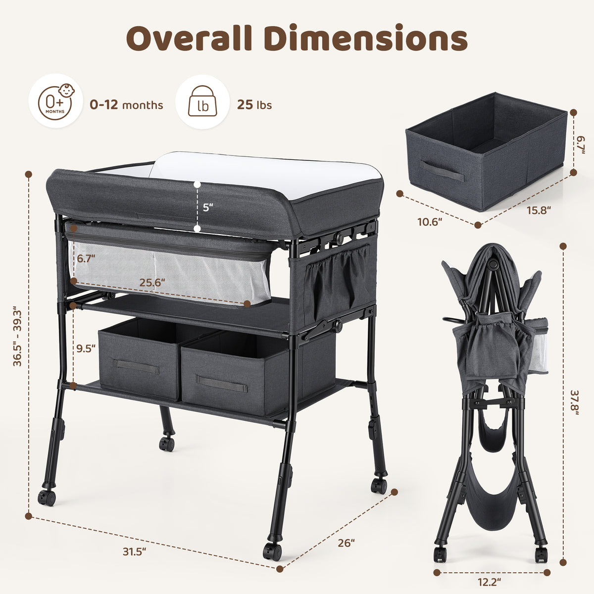 AILEEKISS Baby Diaper Changing Table, Waterproof Folding Changing Station with 2 Drawers, Black Grey