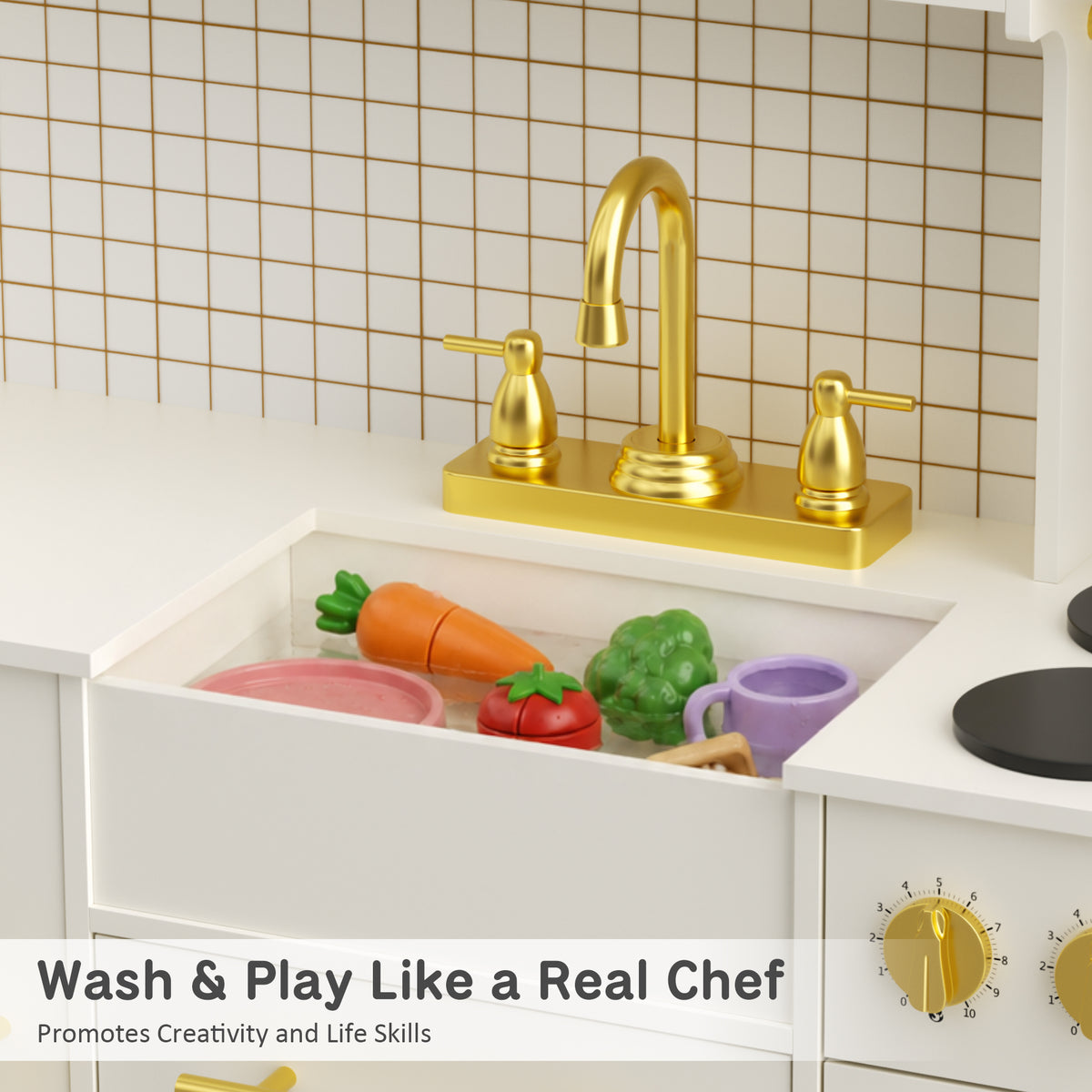 AILEEKISS Kids Kitchen Playset for Children, Realistic Pretend Kitchen Toy with Ice Maker, Beige