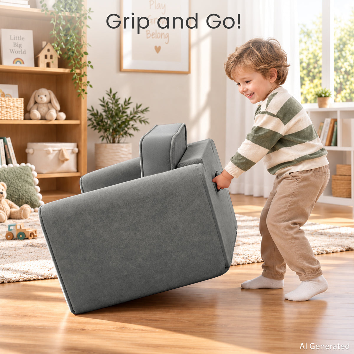 AILEEKISS 2-in-1 Toddler Sofa Chair, Foldable Kids Couch Flip Open Bed for Playroom, Grey